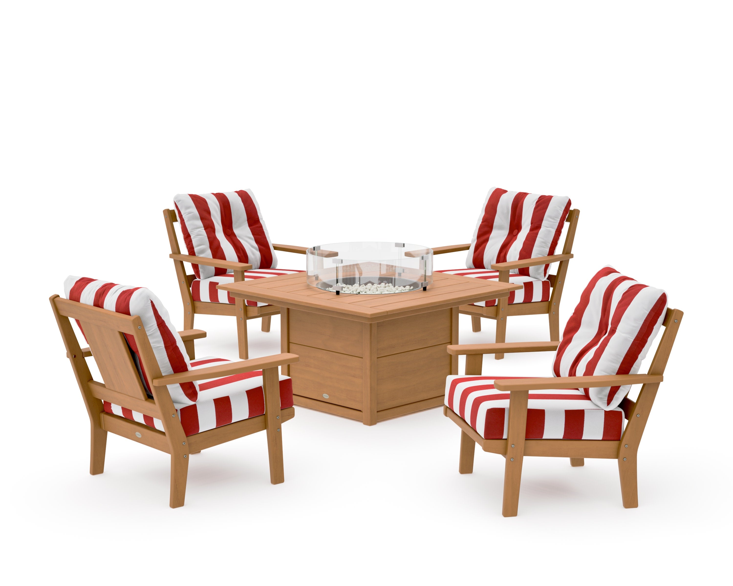 Prairie 5-Piece Deep Seating Set with Fire Pit Table in Natural / Cabana Stripe Crimson