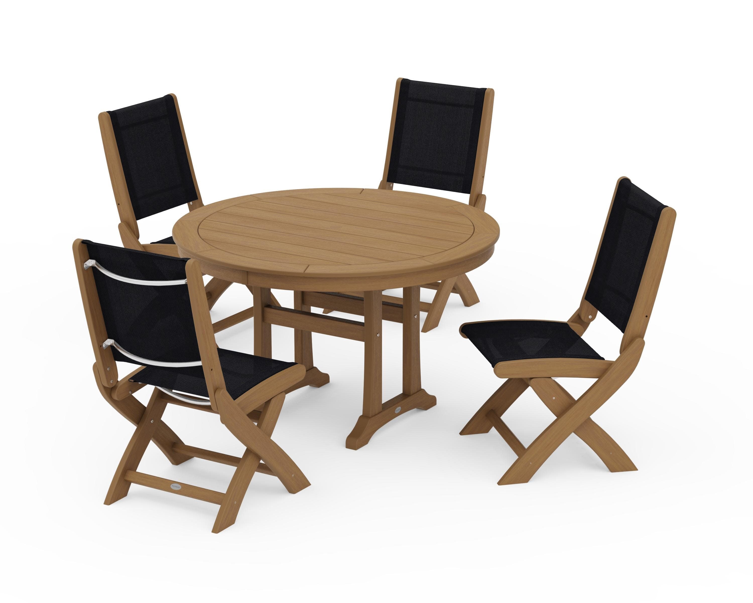 Coastal Folding Side Chair 5-Piece Round Dining Set With Trestle Legs in Natural / Black Sling