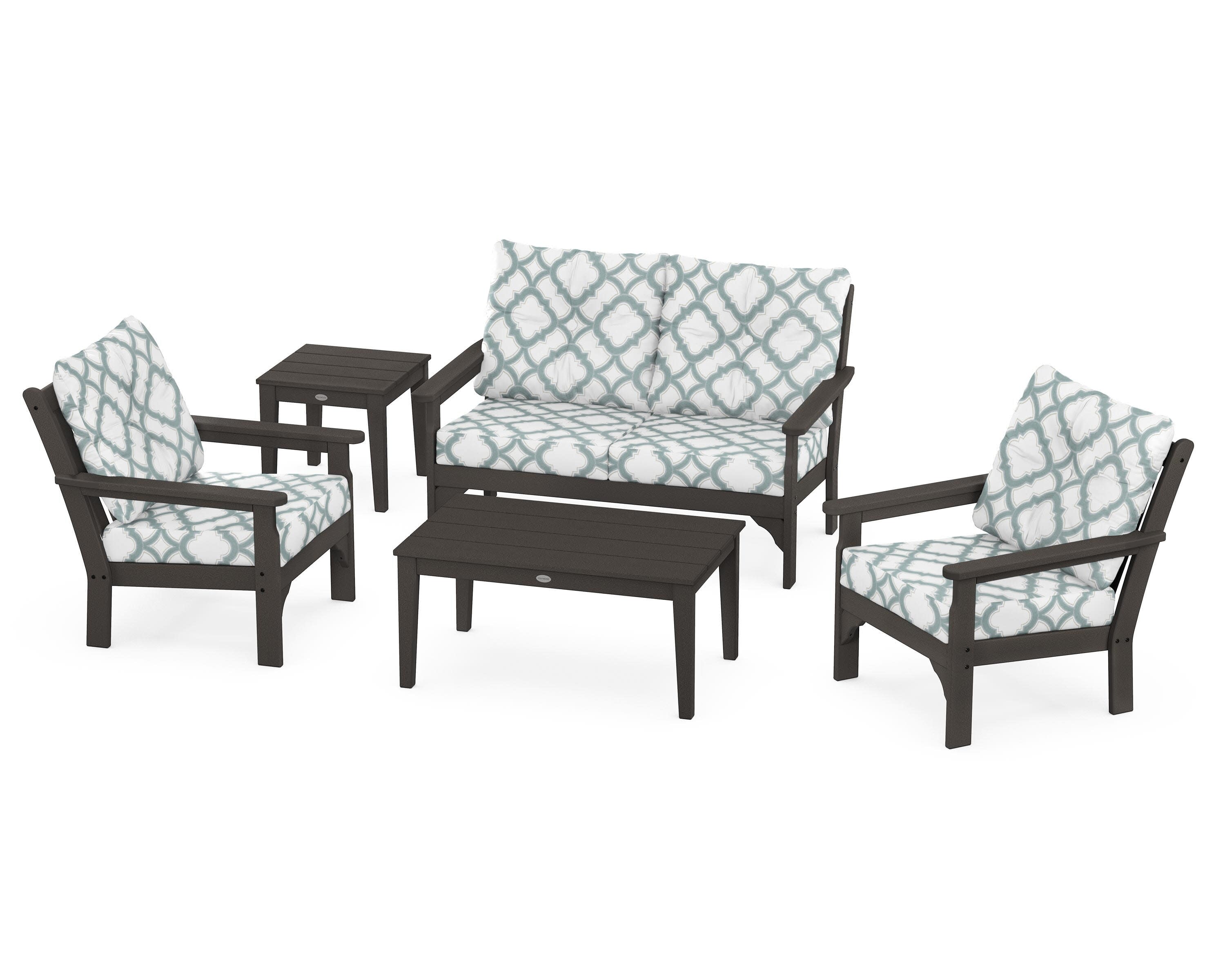 Vineyard 5-Piece Deep Seating Set in Vintage Coffee / Trellis Glacier Spa