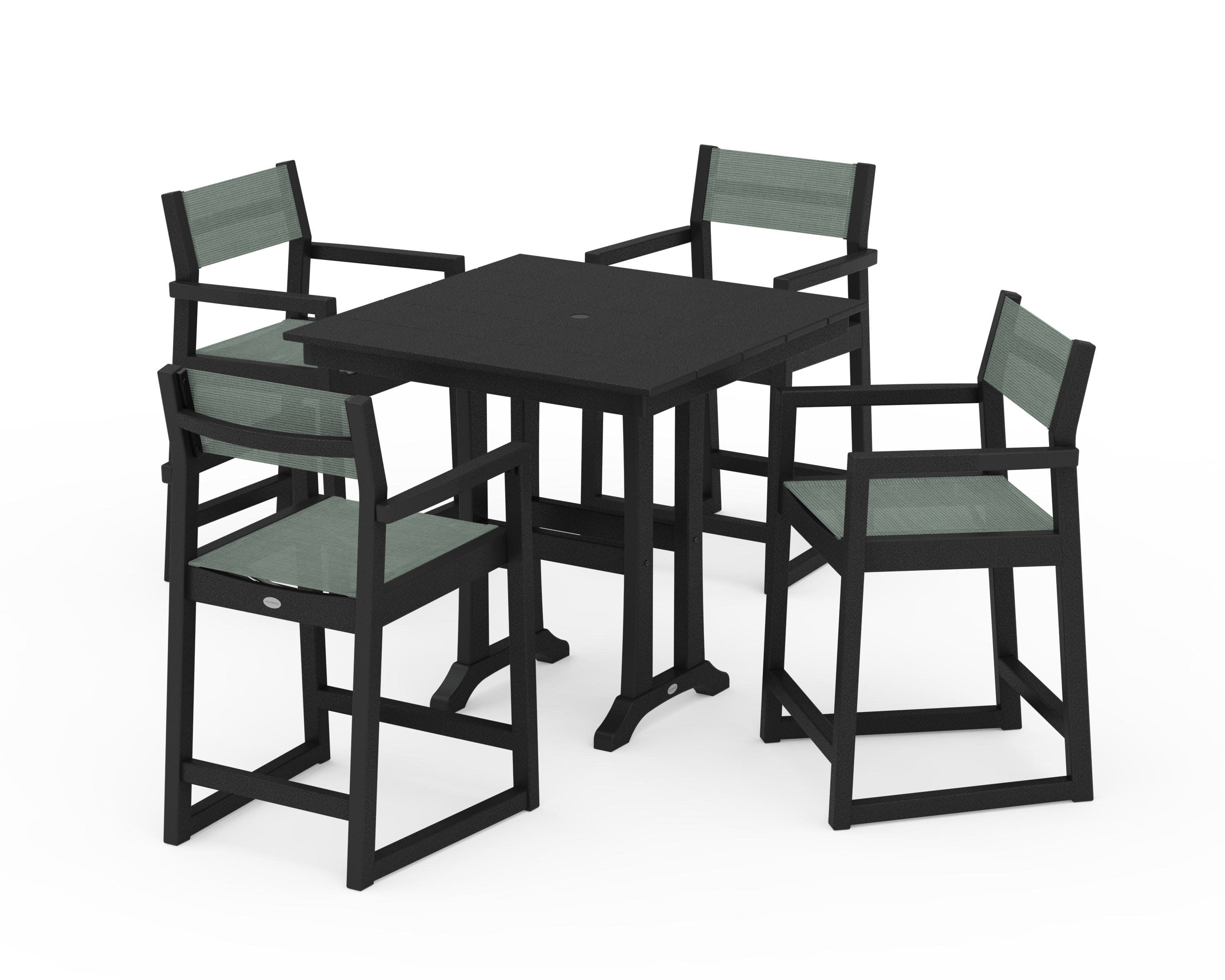 EDGE Sling Arm Chair 5-Piece Farmhouse Counter Set with Trestle Legs in Black / Dupioni Sea Mist Sling