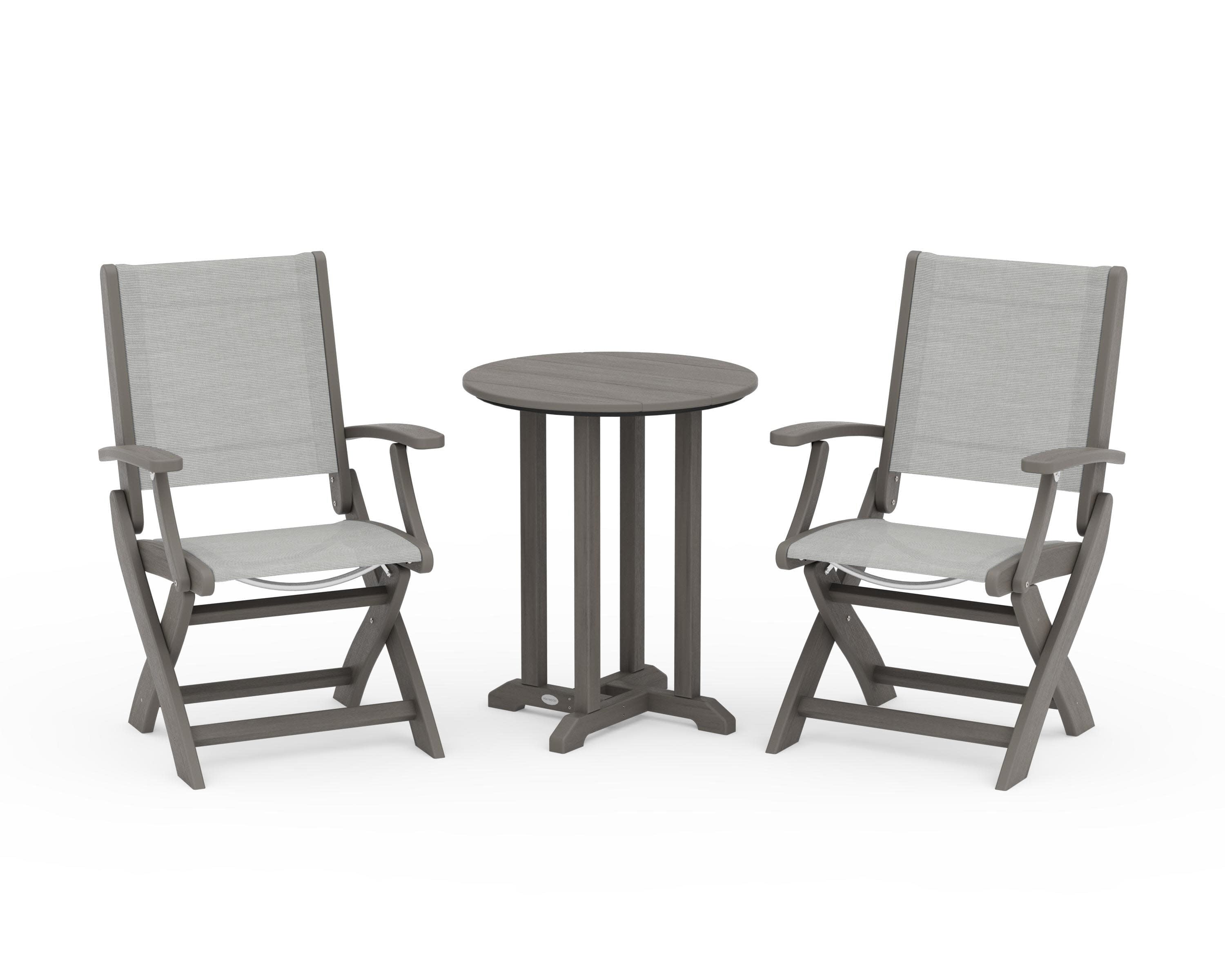 Coastal Folding 3-Piece Round Bistro Dining Set in Driftwood / Metallic Sling