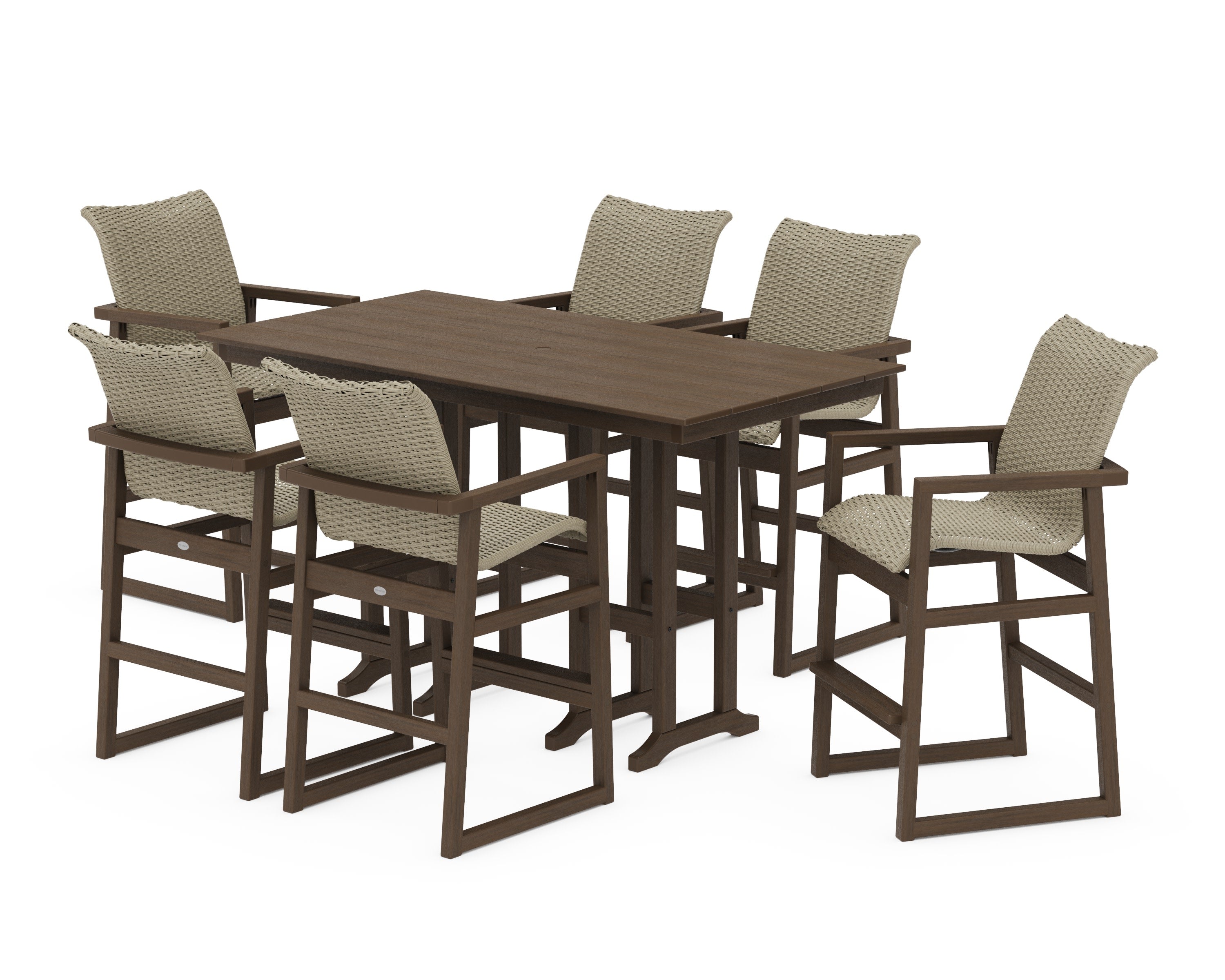 EDGE Woven Arm Chair 7-Piece Farmhouse Bar Set in Kona / Dune Grass