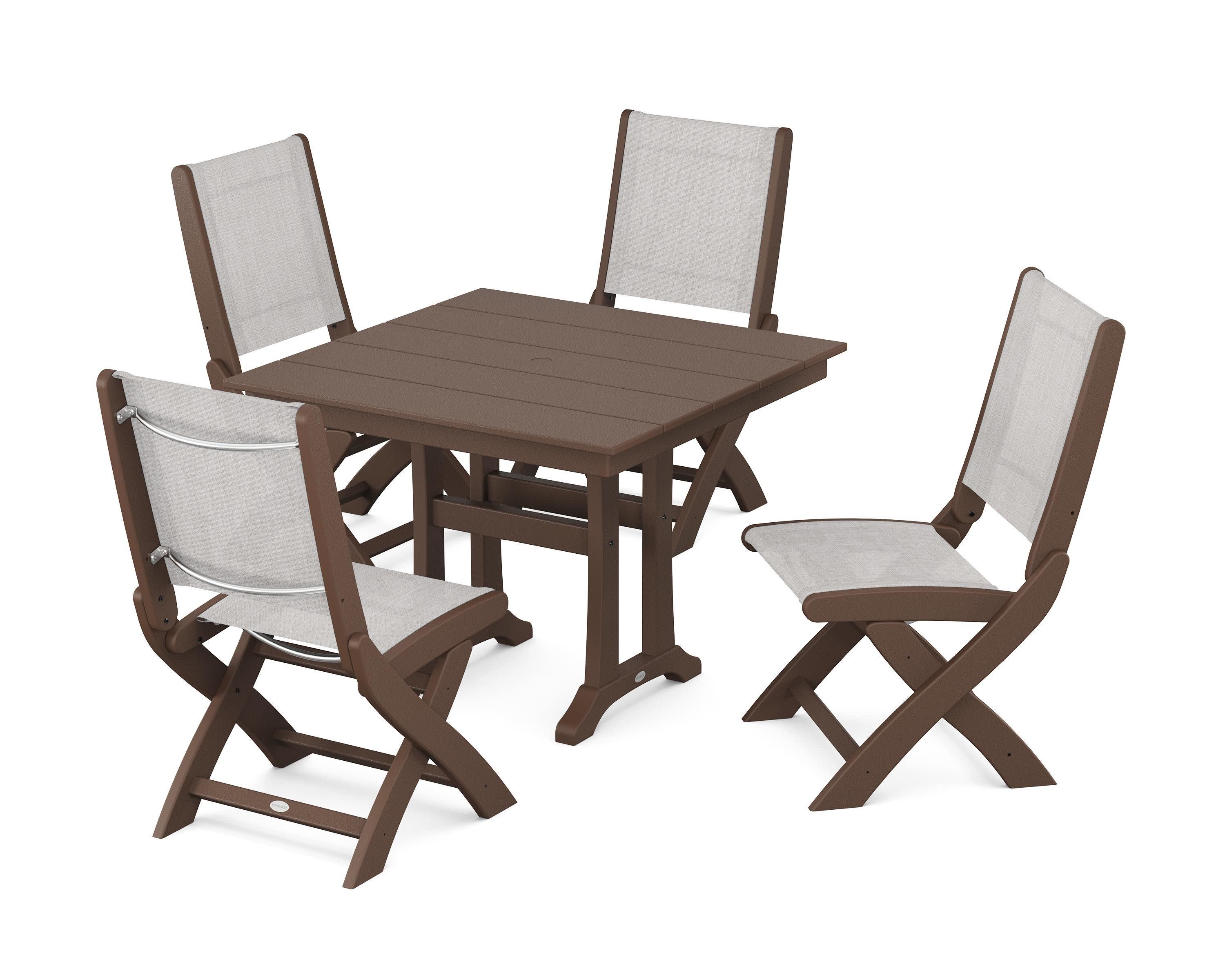 Coastal Folding Side Chair 5-Piece Farmhouse Dining Set With Trestle Legs in Mahogany / Parchment Sling