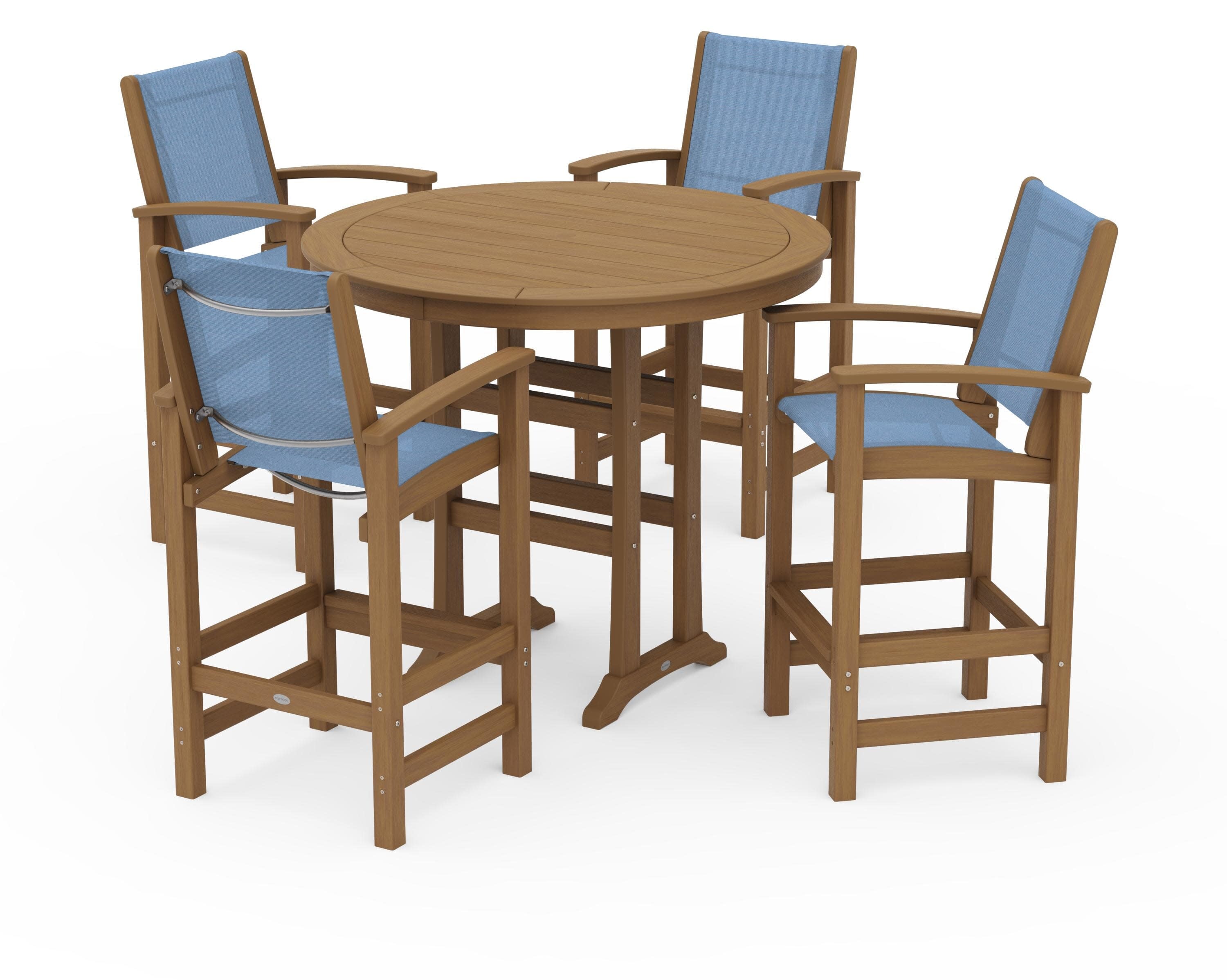 Coastal 5-Piece Nautical Trestle Bar Set in Natural / Poolside Sling