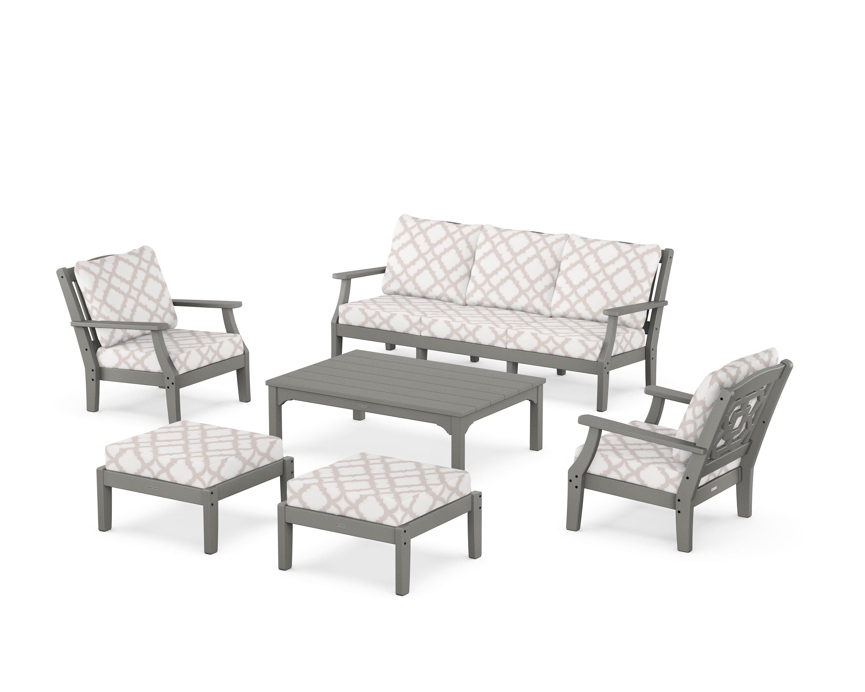 Chinoiserie 6-Piece Lounge Sofa Set in Slate Grey / Trellis Dune Burlap
