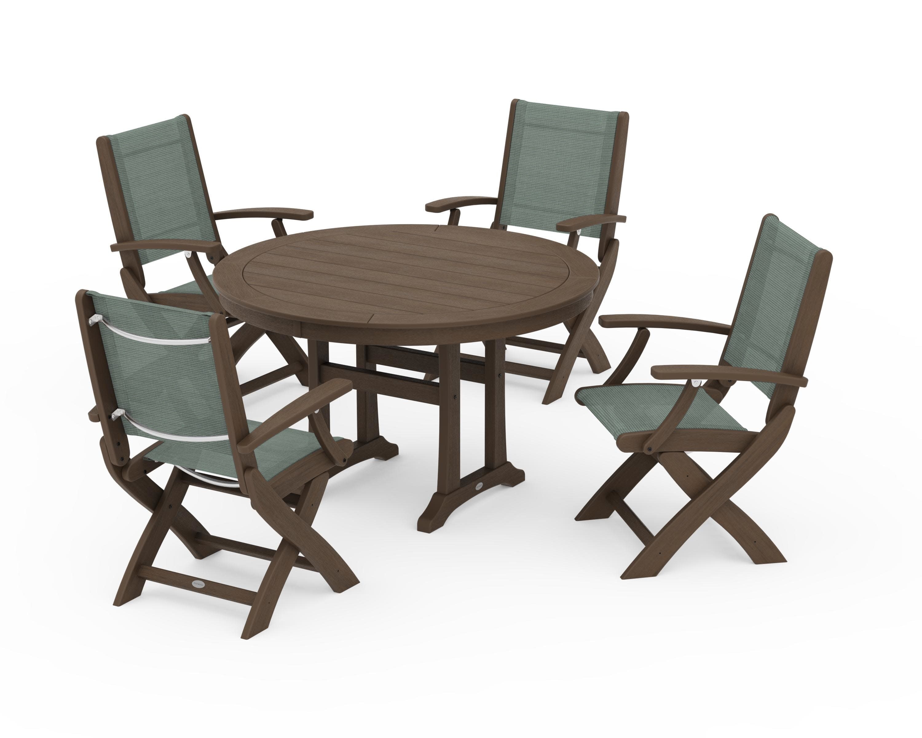 Coastal Folding Chair 5-Piece Round Dining Set with Trestle Legs in Kona / Dupioni Sea Mist Sling