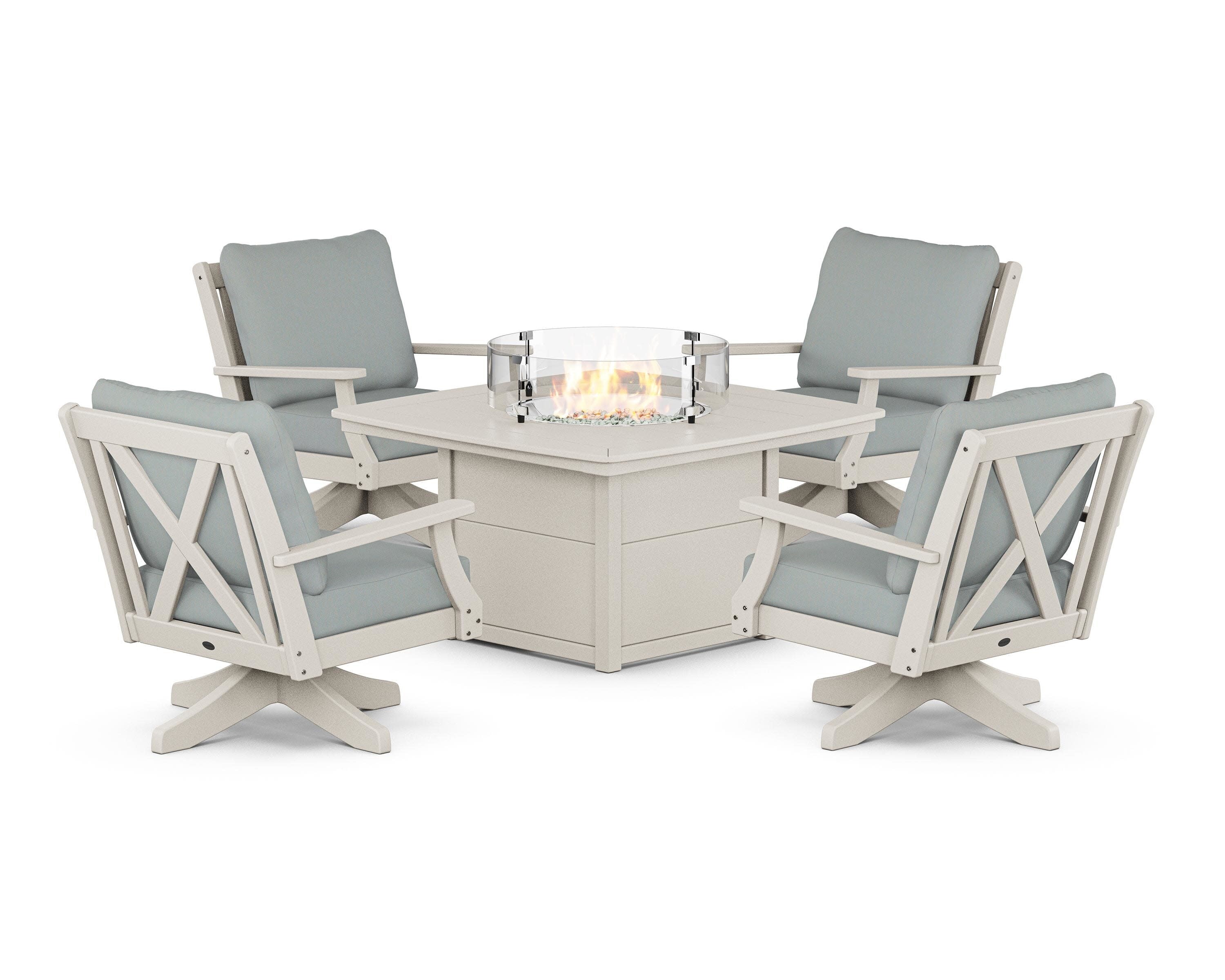Braxton 5-Piece Deep Seating Swivel Conversation Set with Fire Pit Table in Sand / Spa