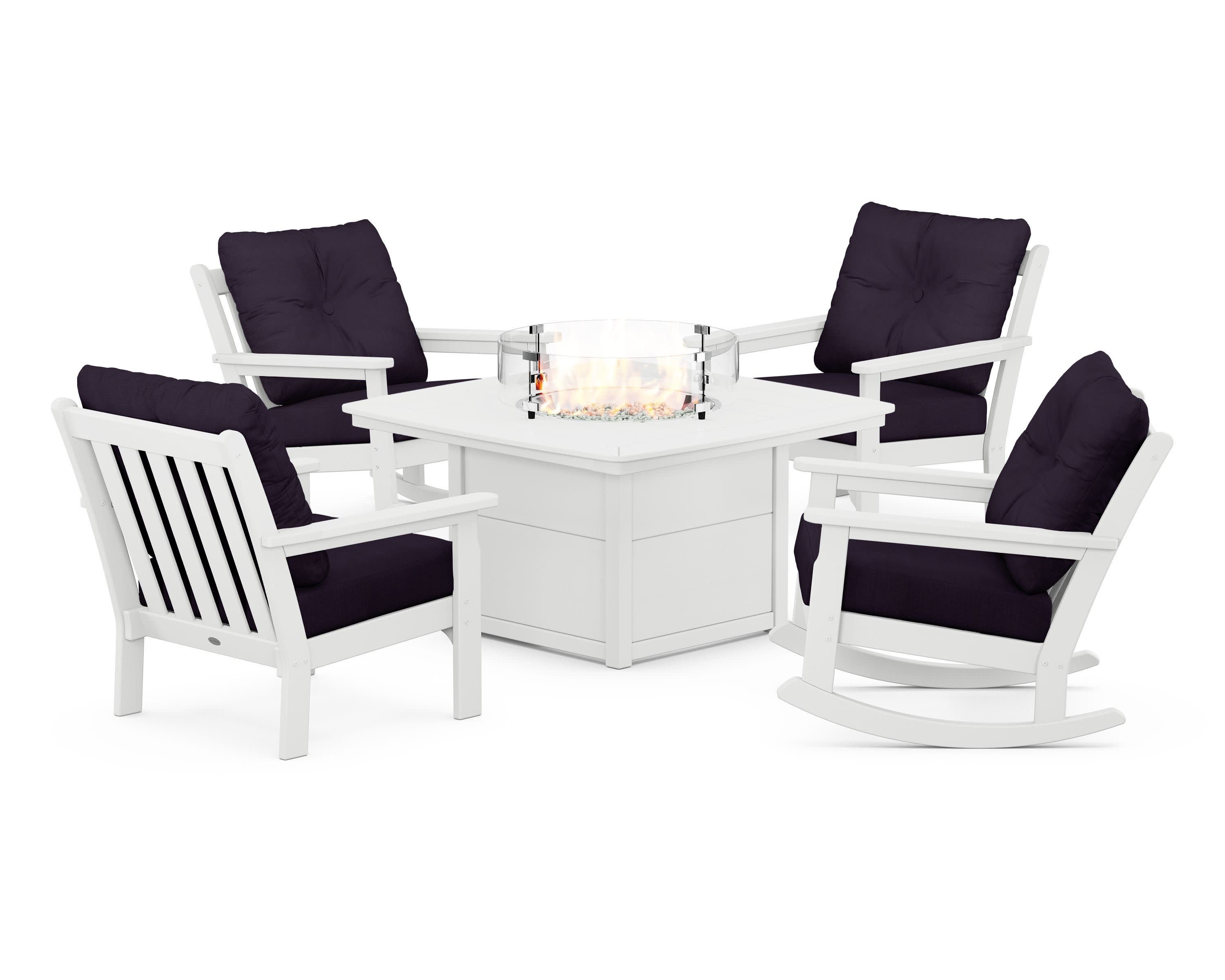 Vineyard 5-Piece Deep Seating Rocking Chair Conversation Set with Fire Pit Table in White / Navy Linen