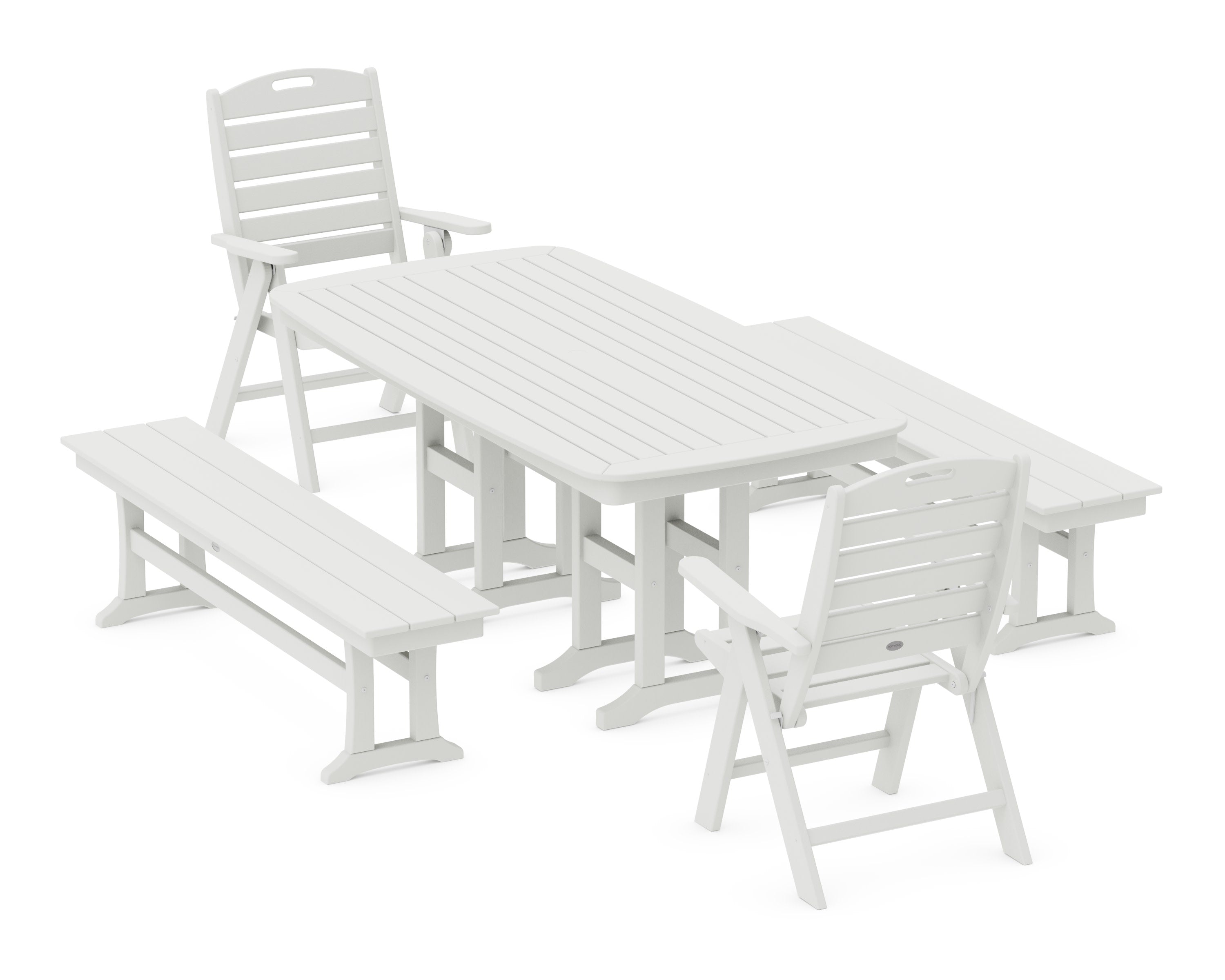 Nautical Highback 5-Piece Dining Set with Benches in Vintage White
