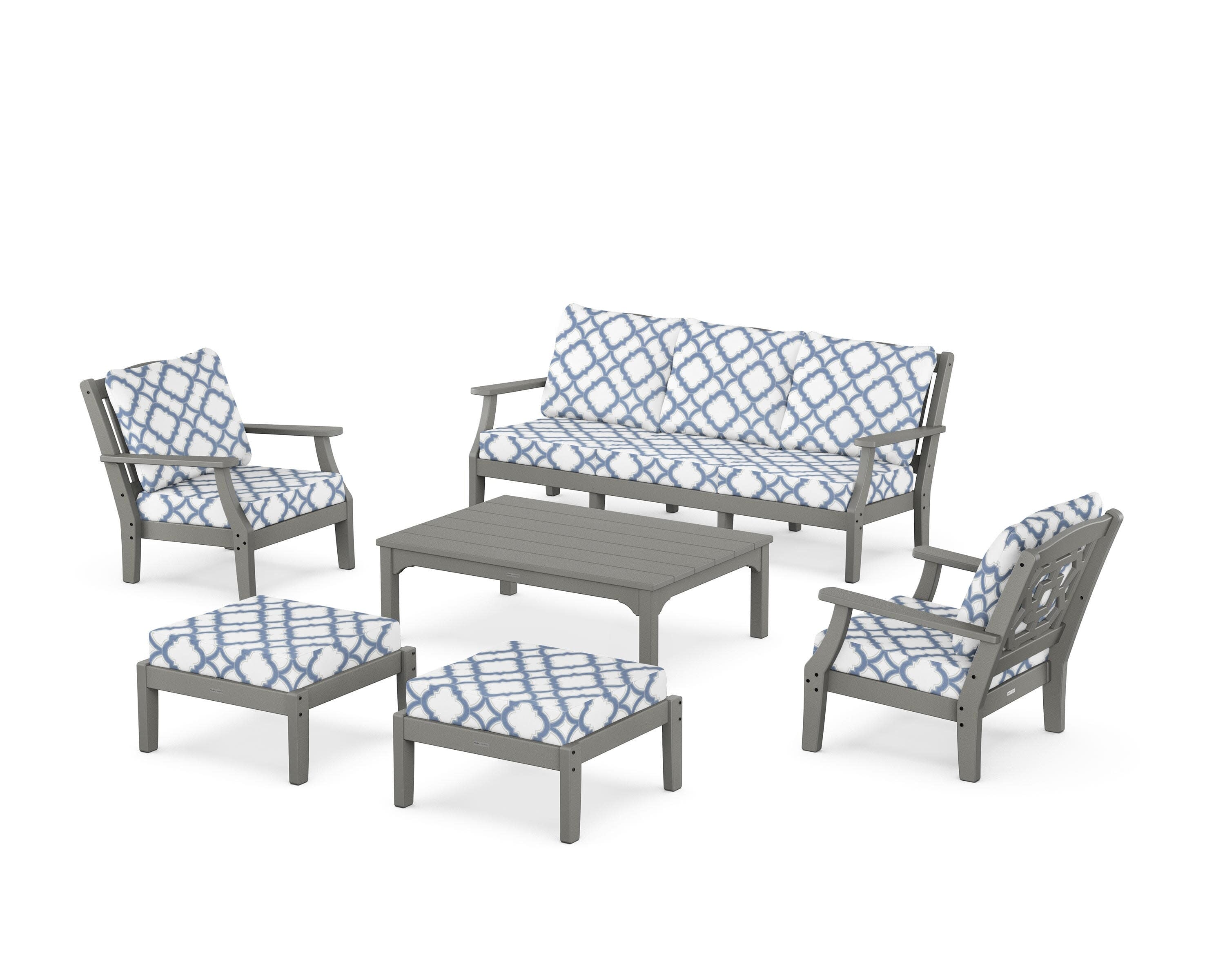 Chinoiserie 6-Piece Lounge Sofa Set in Slate Grey / Trellis Sky Blue