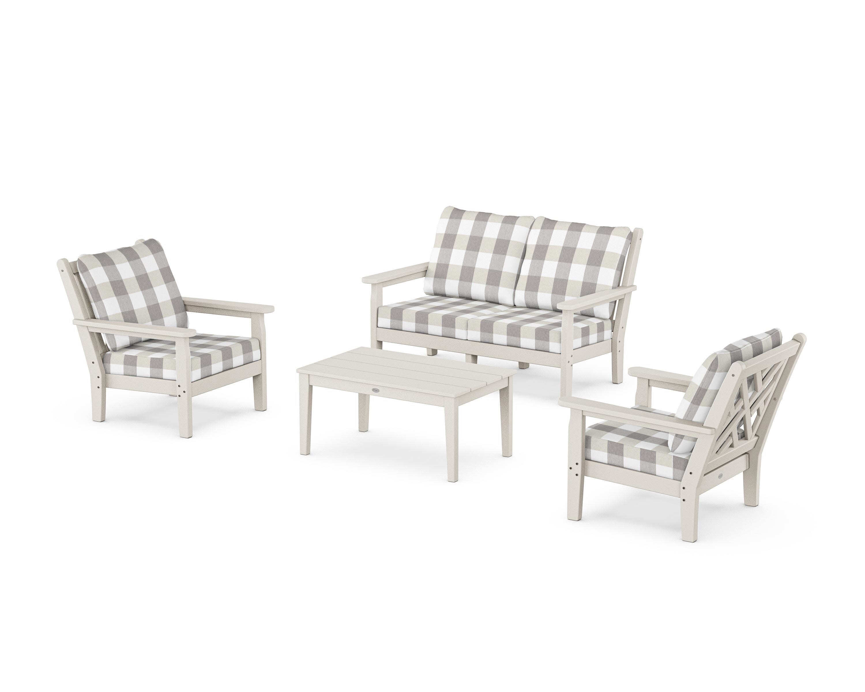 Chippendale 4-Piece Deep Seating Set with Loveseat in Sand / Buffalo Plaid Grey Mist
