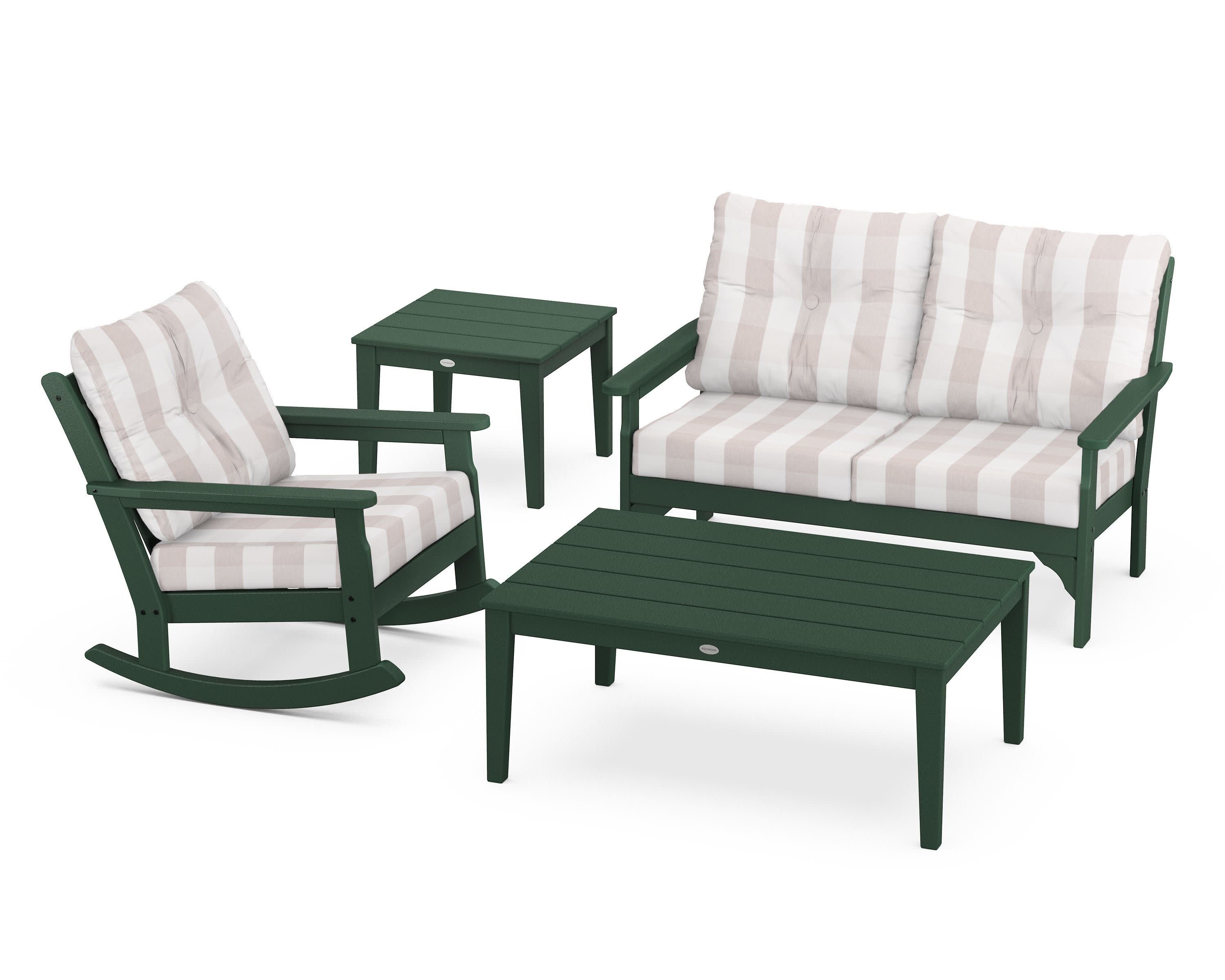 Vineyard 4-Piece Deep Seating Rocker Set in Green / Buffalo Plaid Dune Burlap