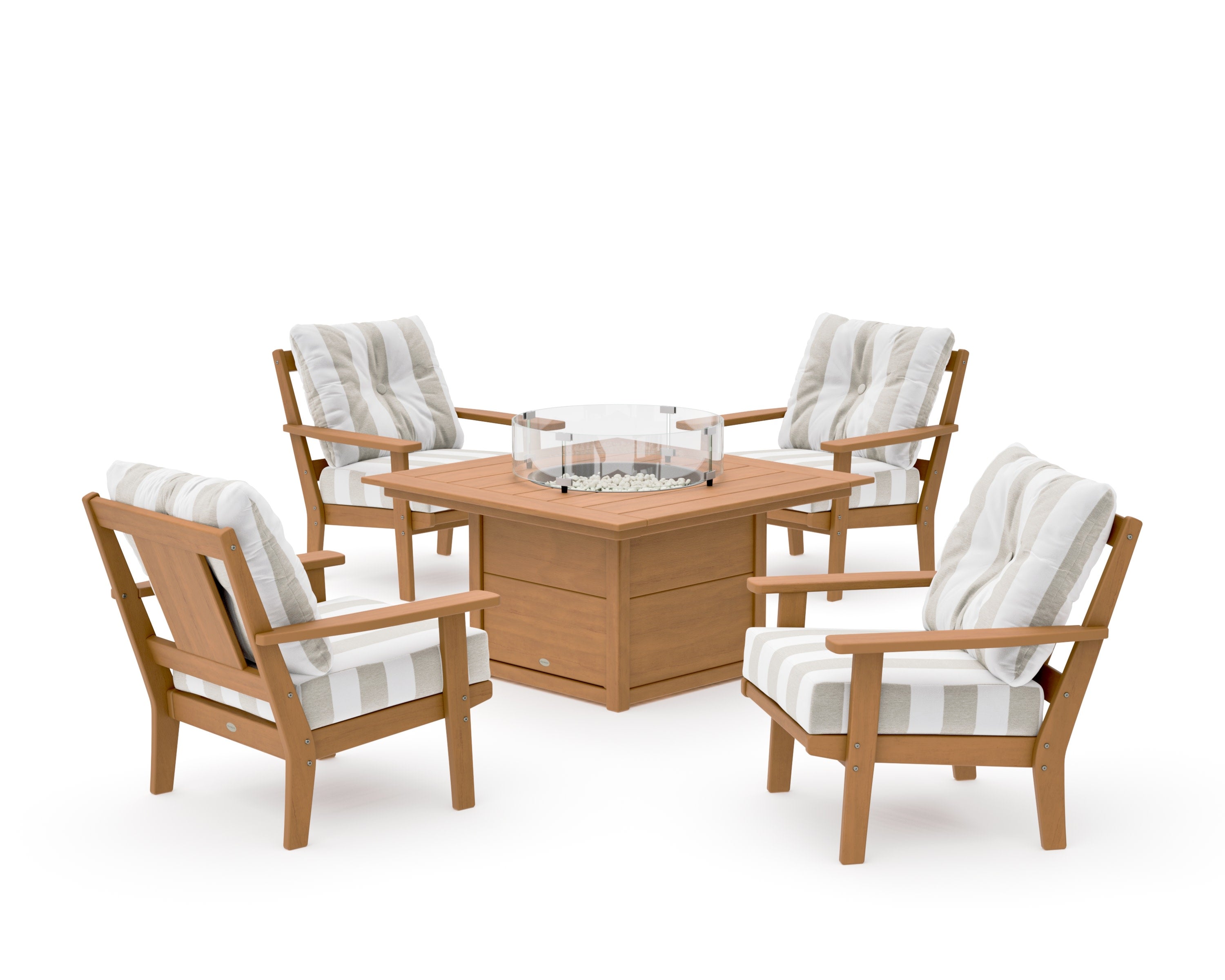 Prairie 5-Piece Deep Seating Set with Fire Pit Table in Natural / Cabana Stripe Dune Burlap