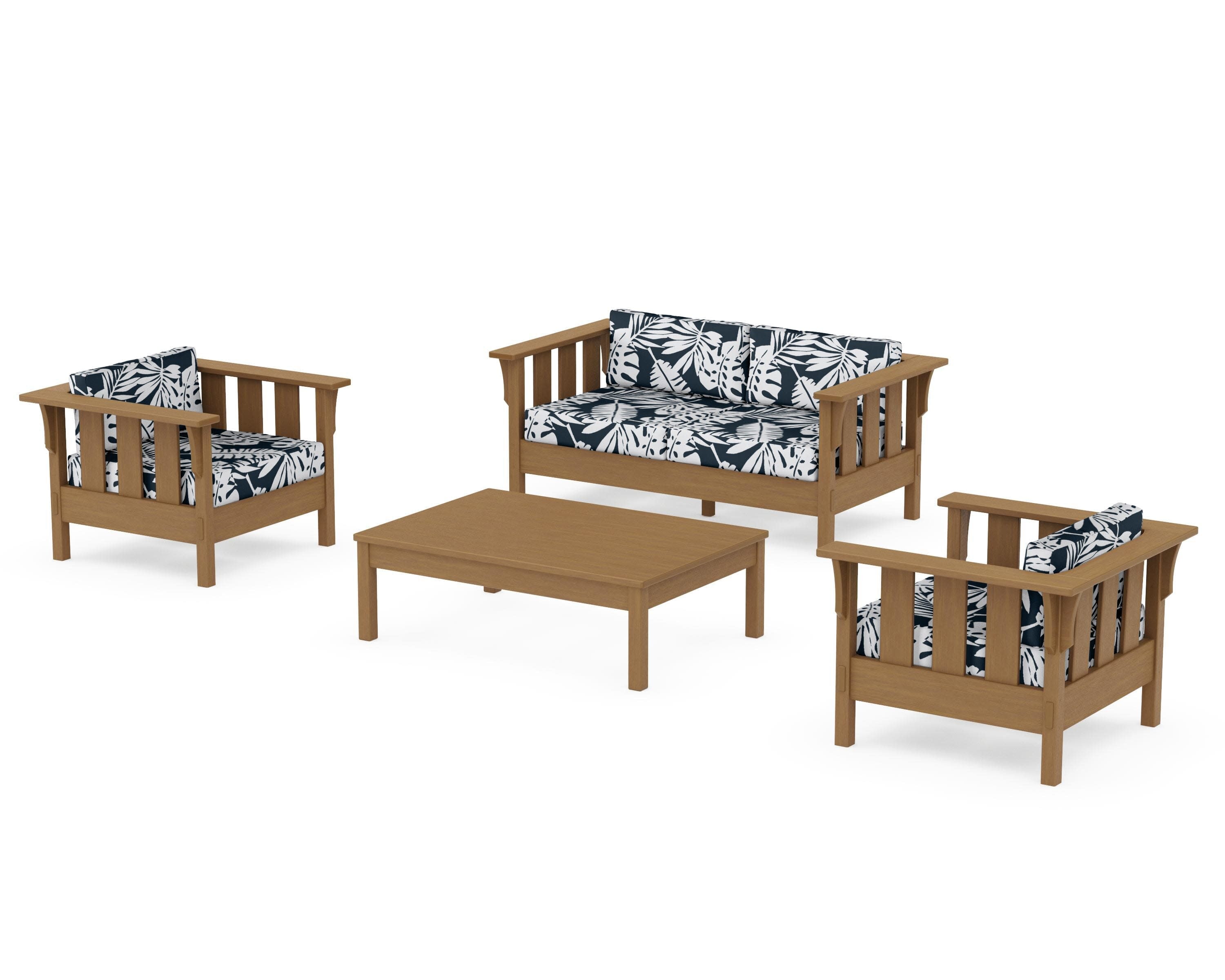Acadia 4-Piece Deep Seating Set with Loveseat in Natural / Leaf Marine Indigo