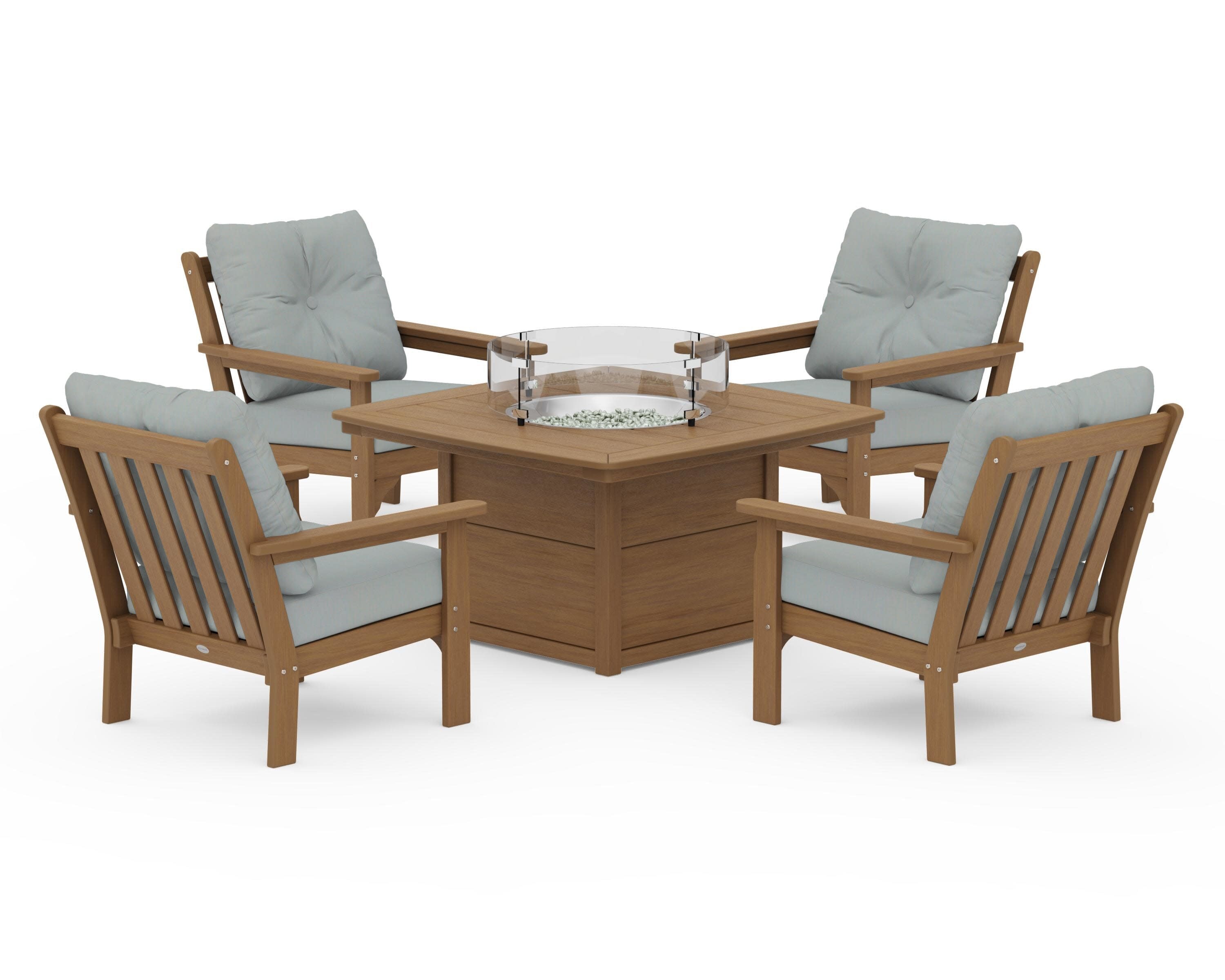 Vineyard 5-Piece Conversation Set with Fire Pit Table in Natural / Spa