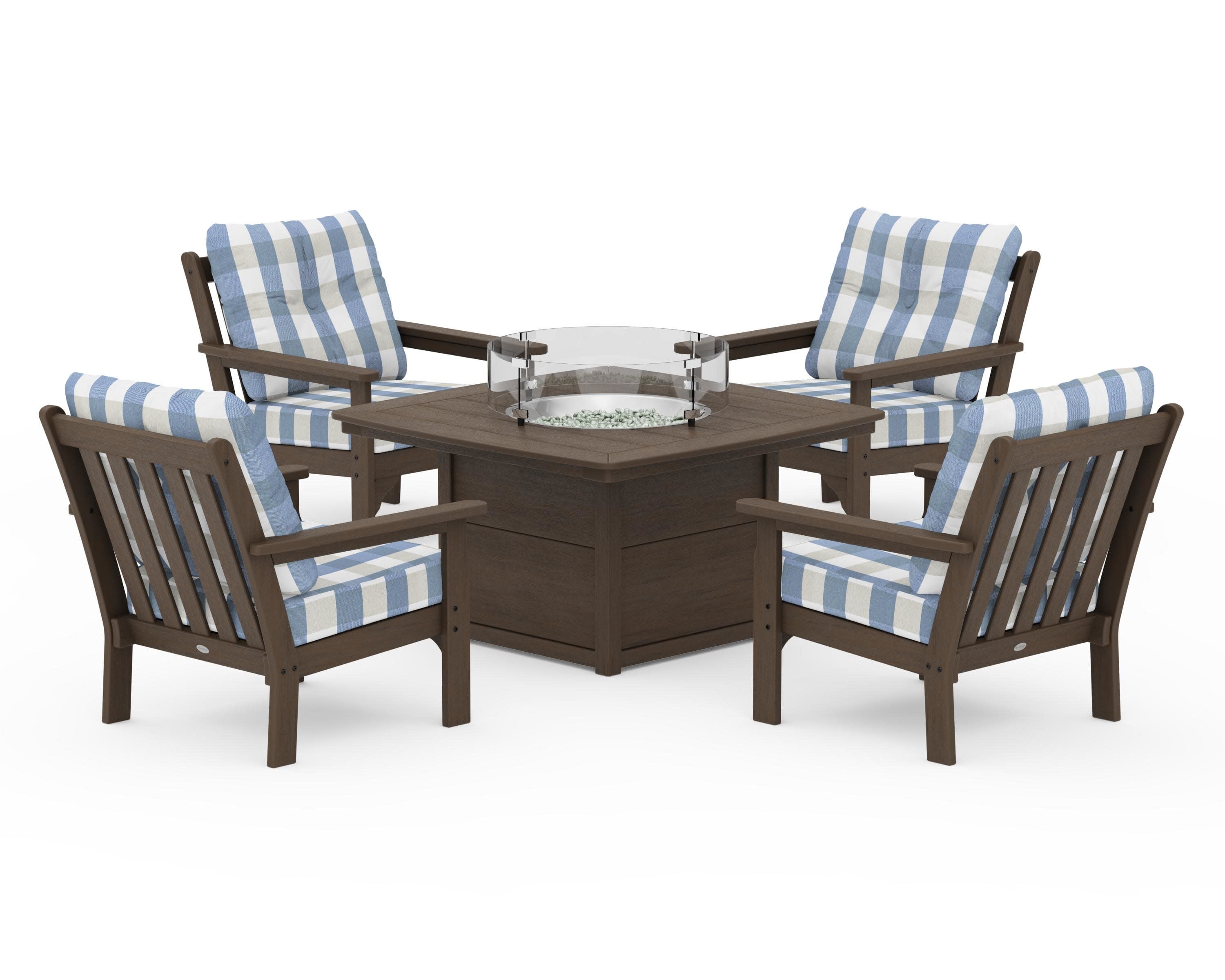 Vineyard 5-Piece Conversation Set with Fire Pit Table in Kona / Buffalo Plaid Sky Blue