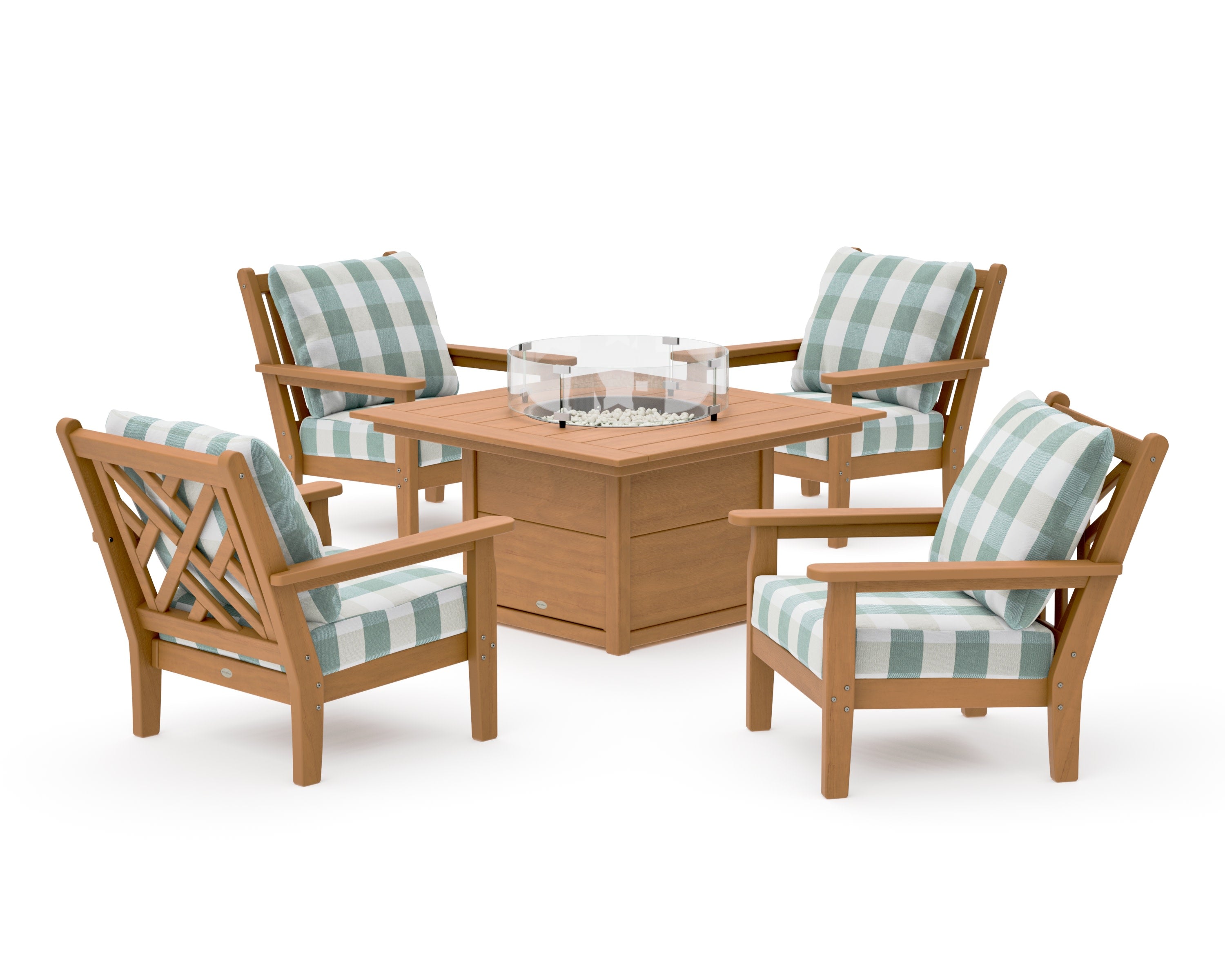 Chippendale 5-Piece Deep Seating Set with Fire Pit Table in Natural / Buffalo Plaid Glacier Spa