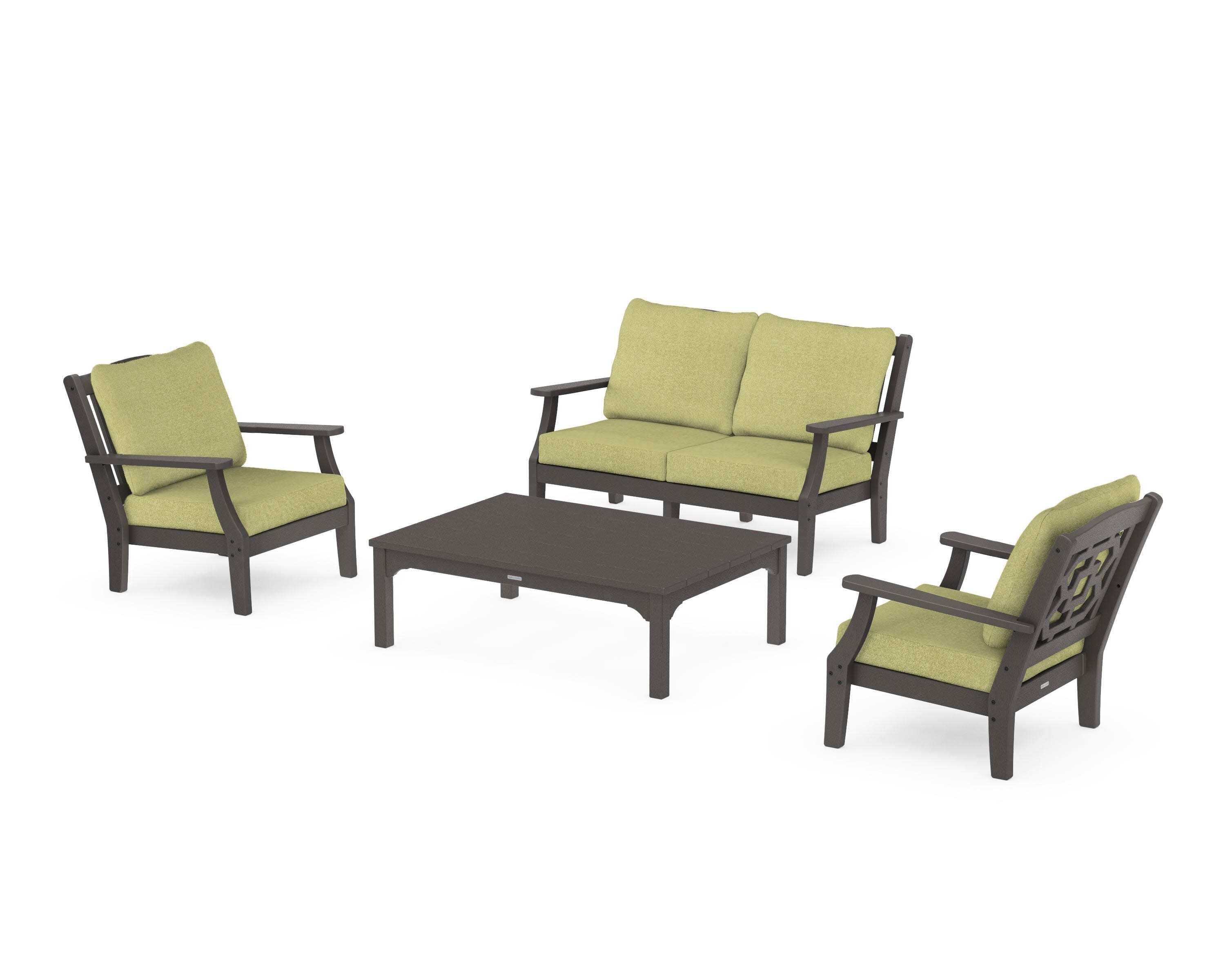 Chinoiserie 4-Piece Deep Seating Set with Loveseat in Vintage Coffee / Chartreuse Boucle