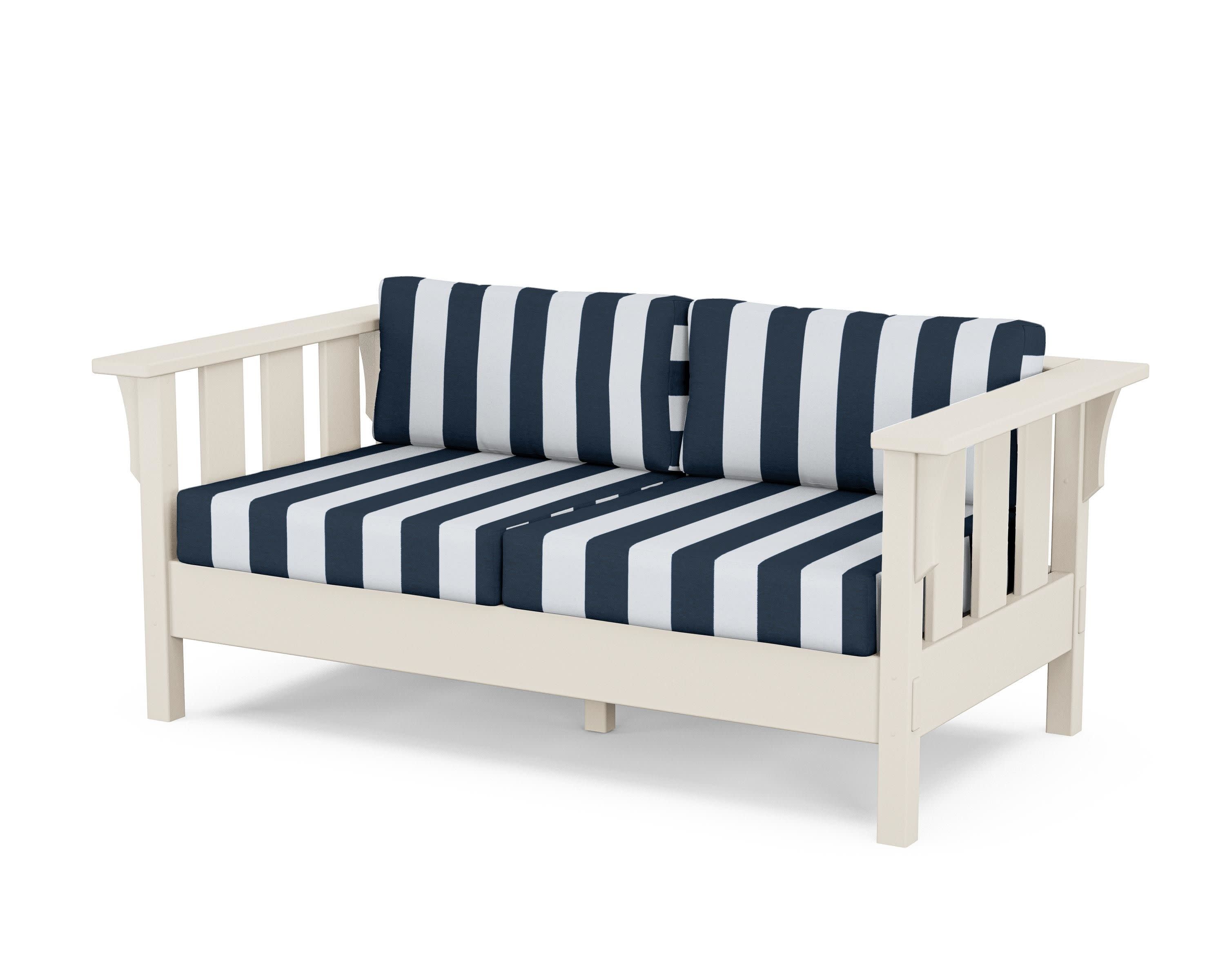 Acadia Deep Seating Loveseat in Sand / Cabana Stripe Marine Indigo
