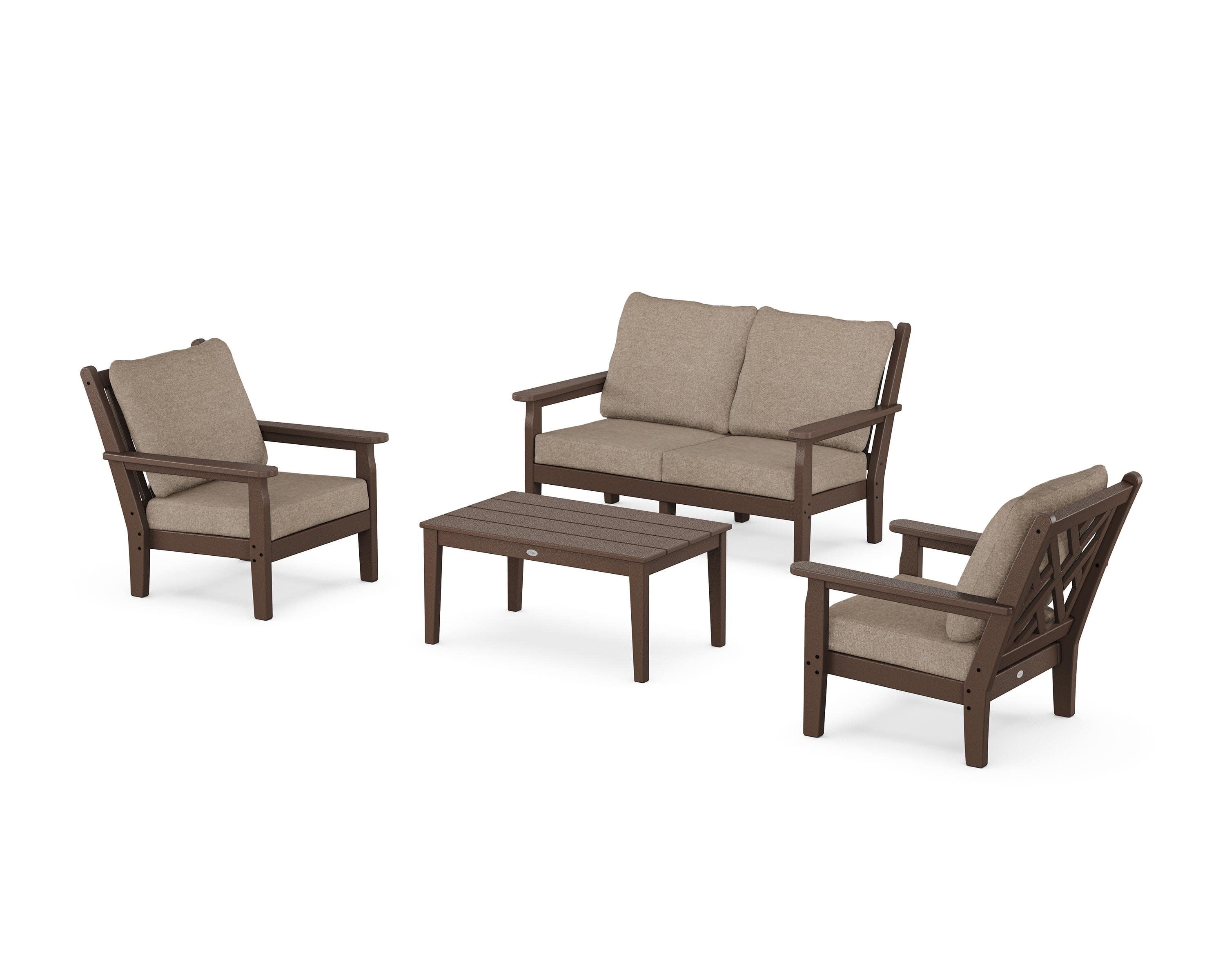 Chippendale 4-Piece Deep Seating Set with Loveseat in Mahogany / Spiced Burlap