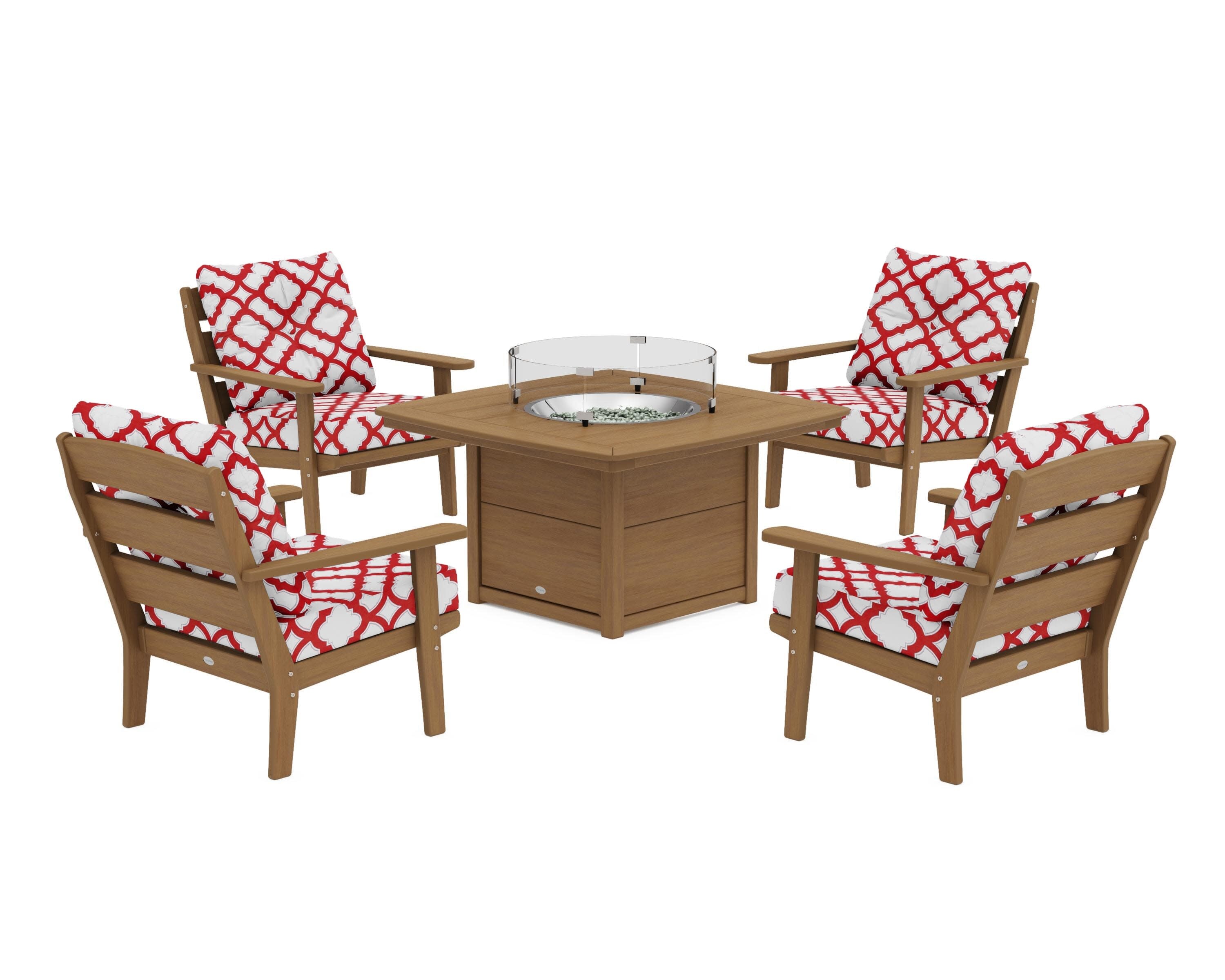 Lakeside 5-Piece Deep Seating Set with Nautical Fire Pit Table in Natural / Trellis Crimson