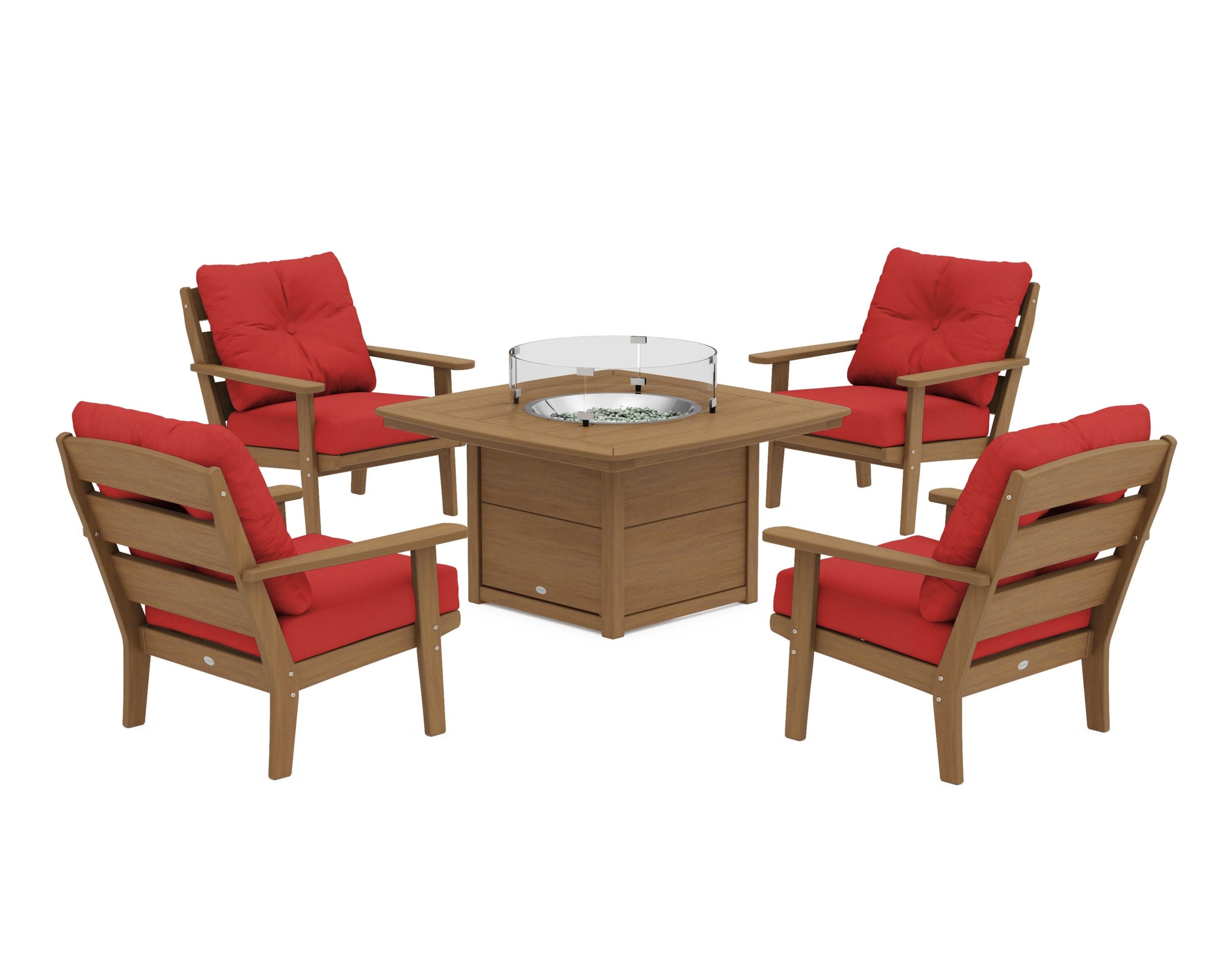 Lakeside 5-Piece Deep Seating Set with Nautical Fire Pit Table in Natural / Crimson Linen