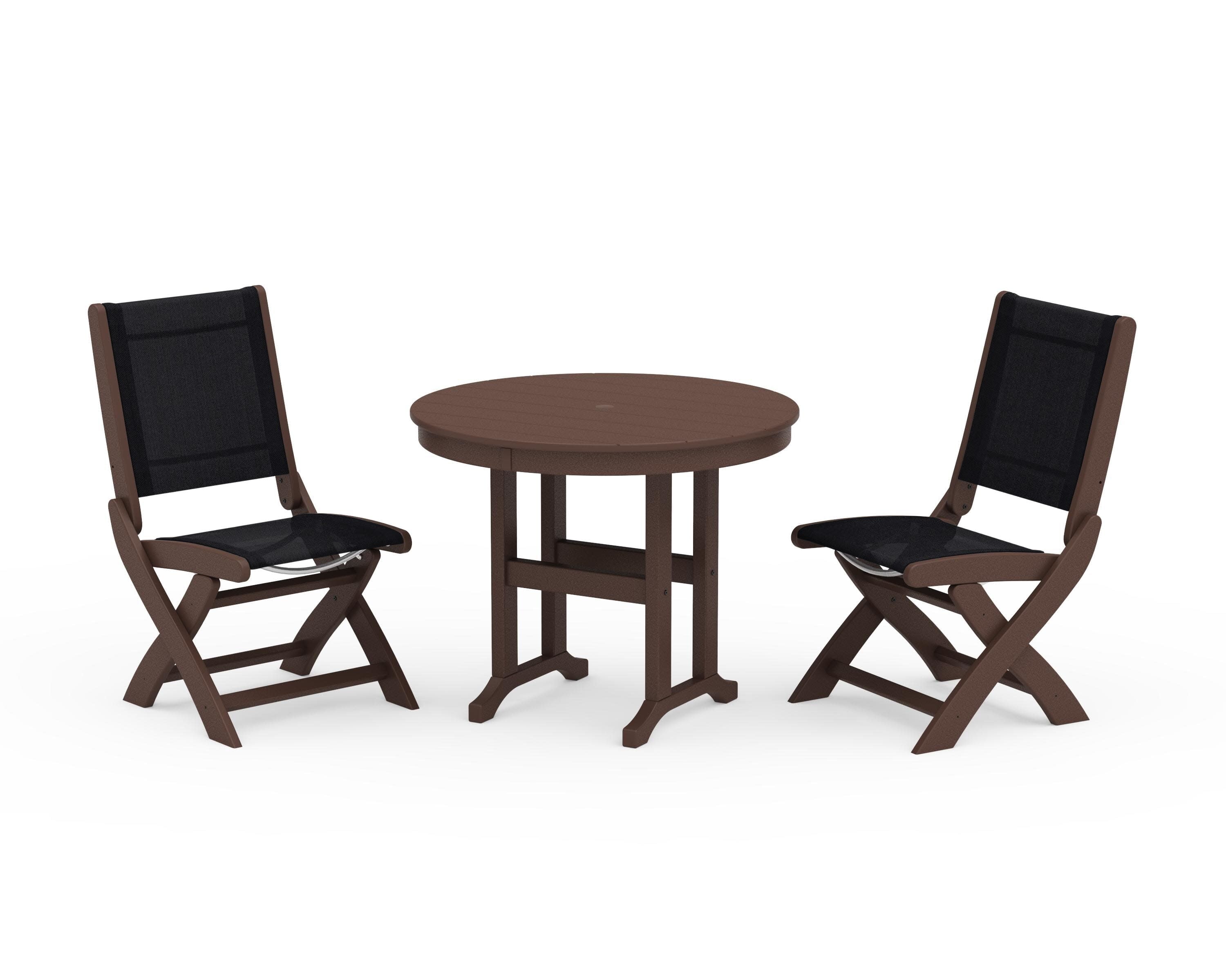 Coastal Folding Side Chair 3-Piece Round Dining Set in Mahogany / Black Sling
