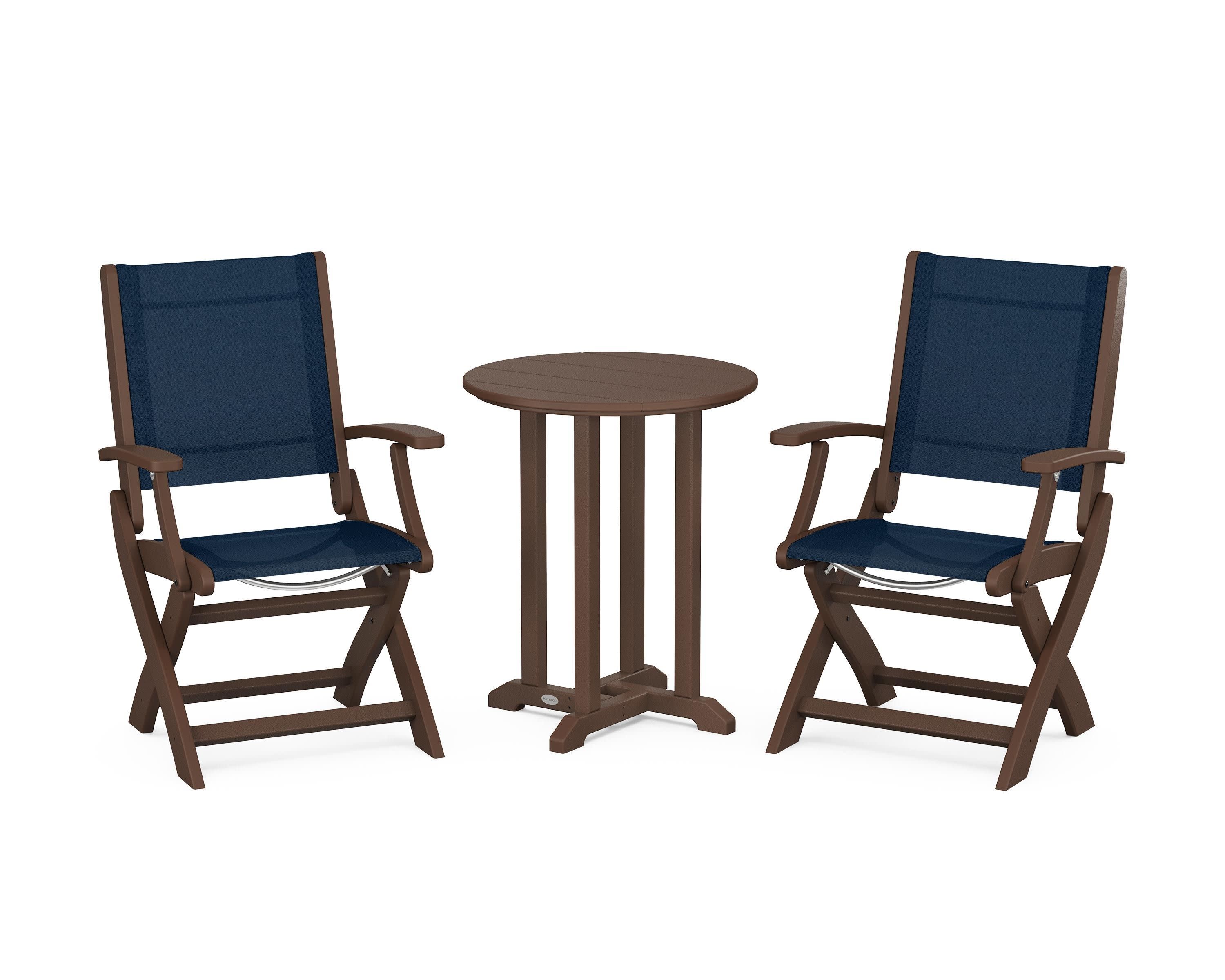 Coastal Folding 3-Piece Round Bistro Dining Set in Mahogany / Navy Blue Sling