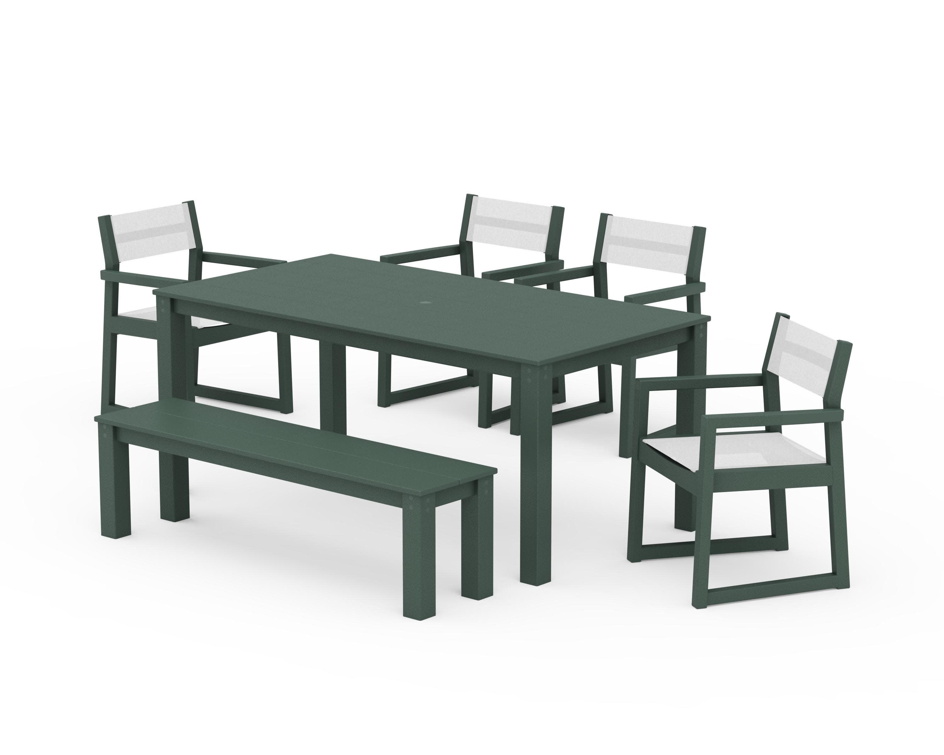 EDGE Sling Arm Chair 6-Piece Parsons Dining Set with Bench in Green / White Sling