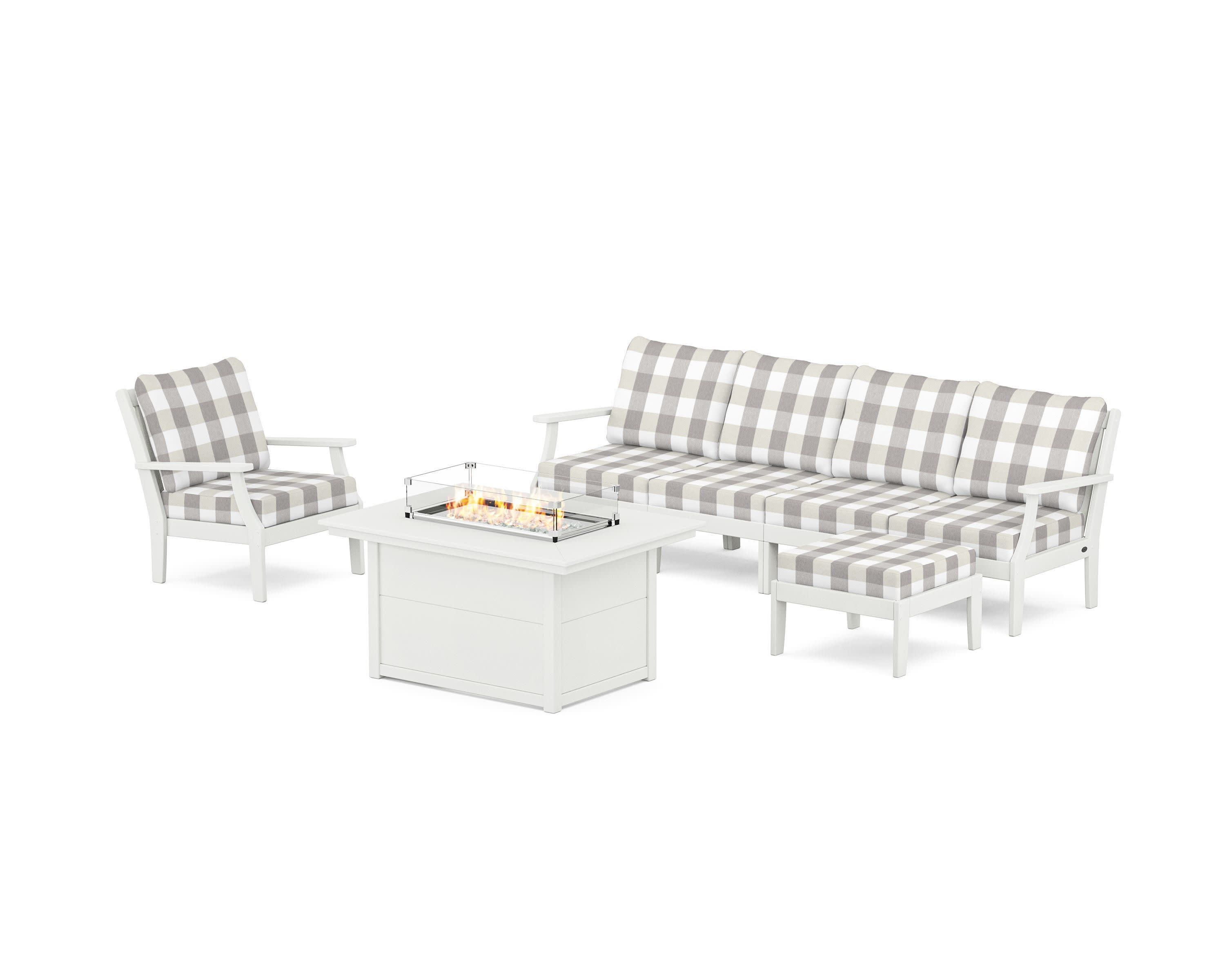 Braxton Sectional Lounge and Fire Pit Set in Vintage White / Buffalo Plaid Grey Mist