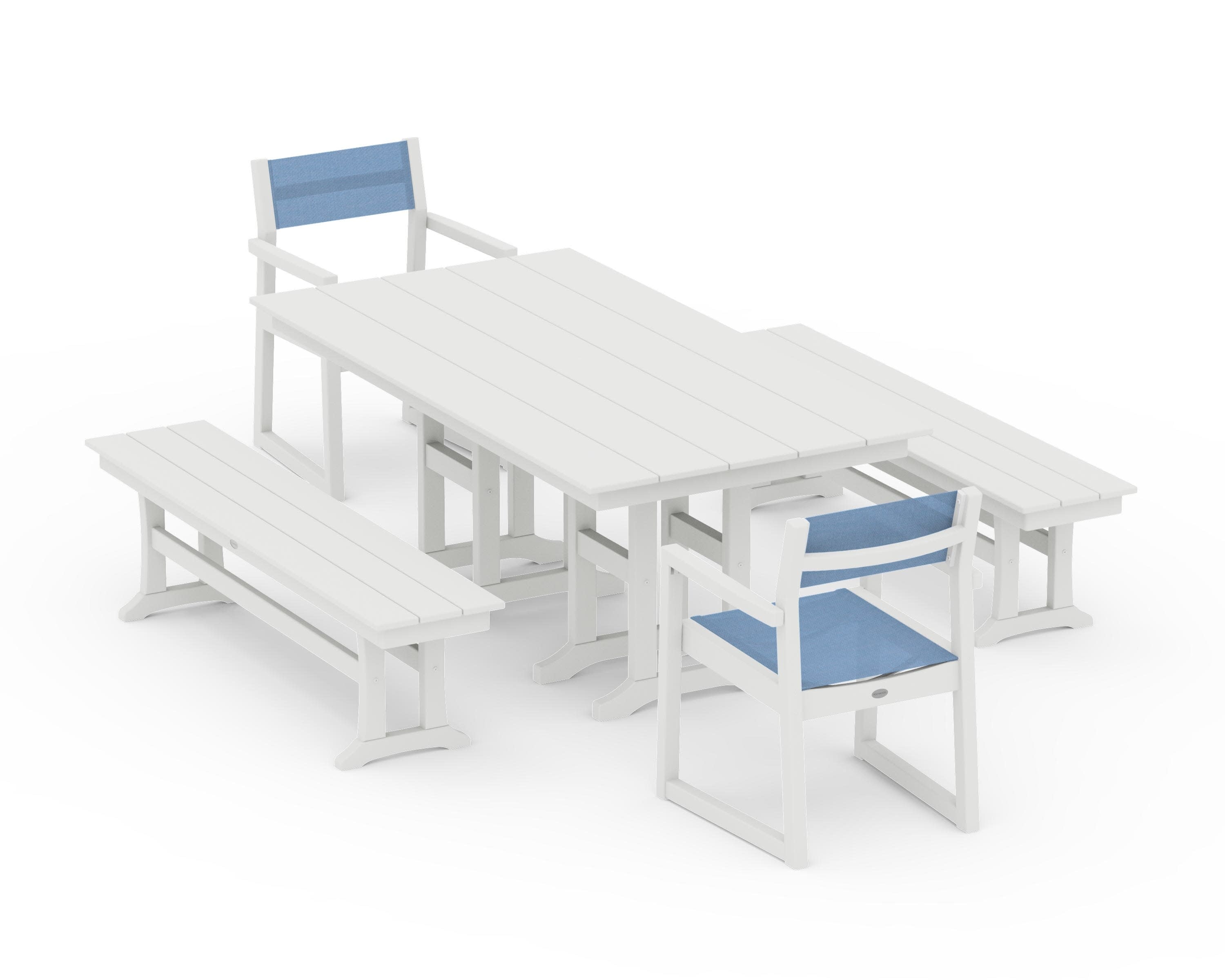 EDGE Sling Arm Chair 5-Piece Farmhouse Dining Set with Benches in Vintage White / Poolside Sling