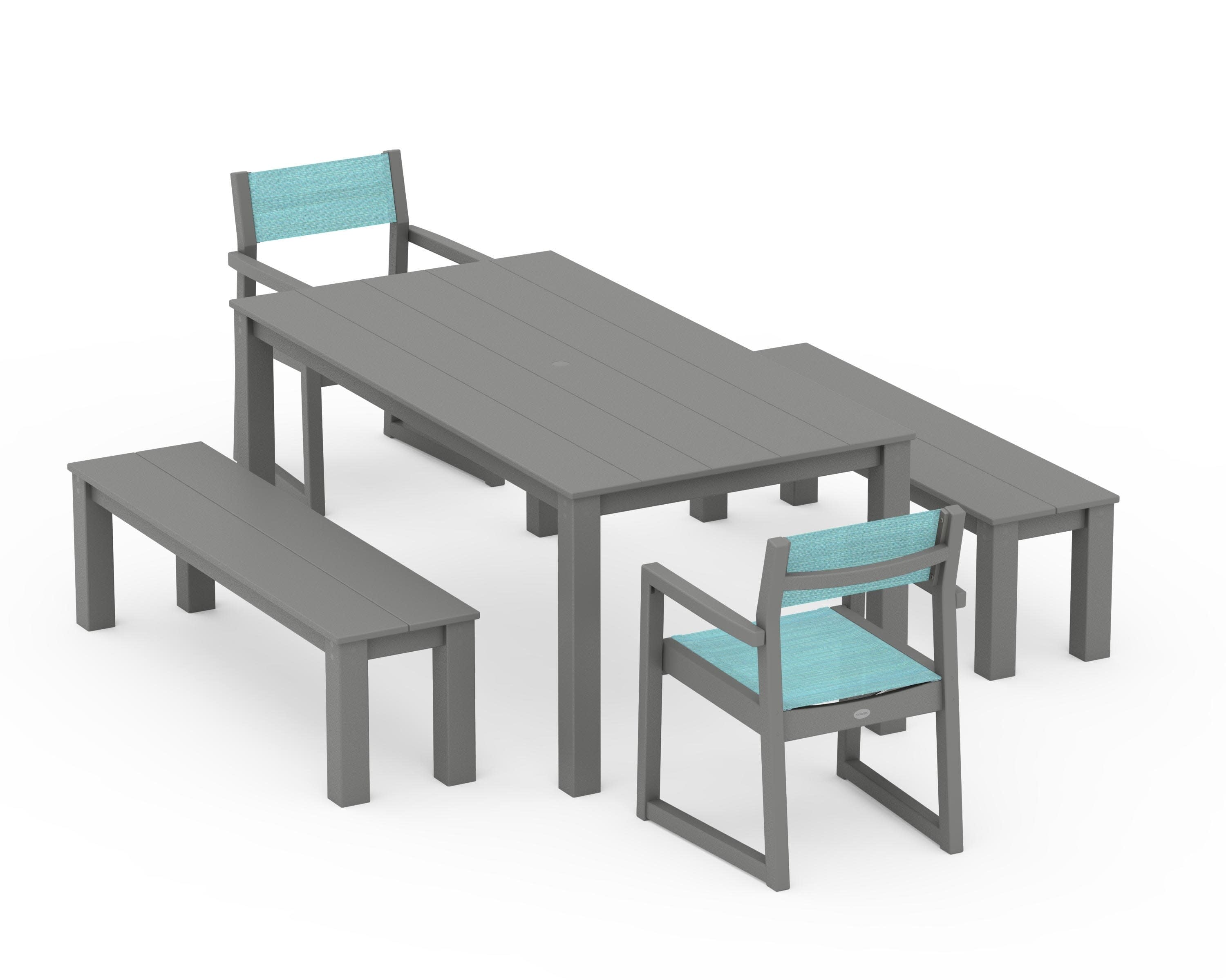 EDGE Sling Arm Chair 5-Piece Parsons Dining Set with Benches in Slate Grey / Dupioni Aquamarine Sling