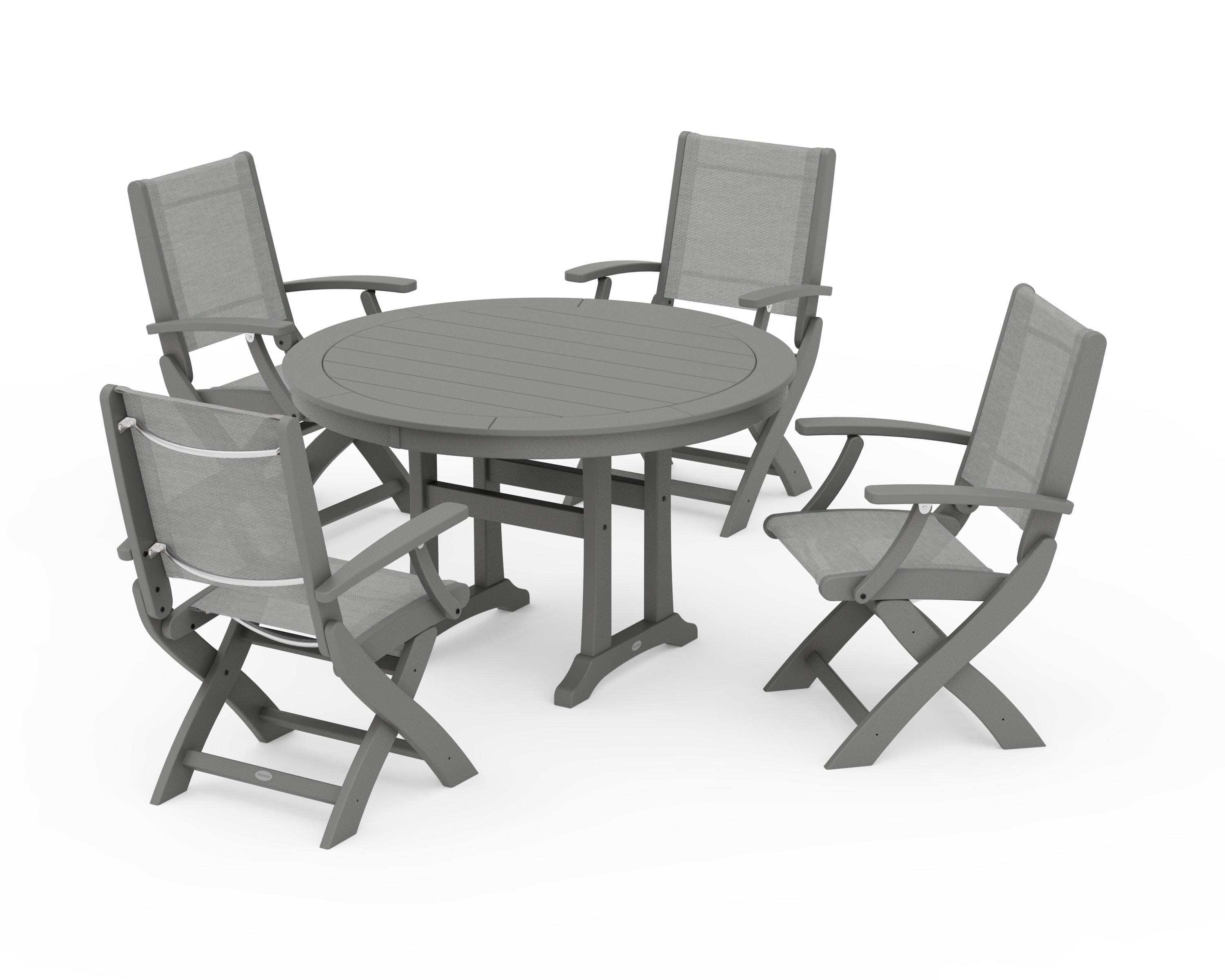 Coastal Folding Chair 5-Piece Round Dining Set with Trestle Legs in Slate Grey / Metallic Sling