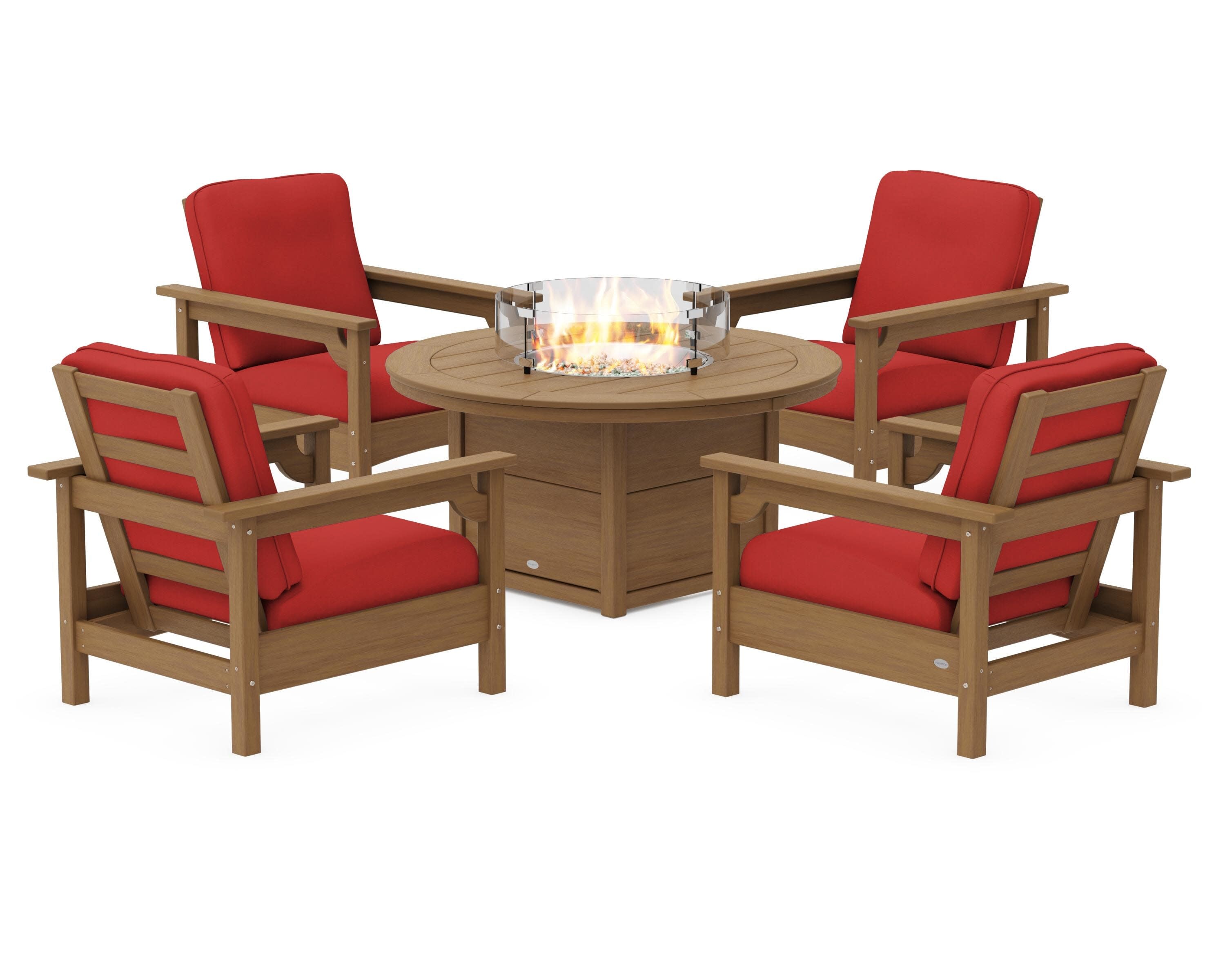 Club 5-Piece Conversation Set with Fire Pit Table in Natural / Crimson Linen