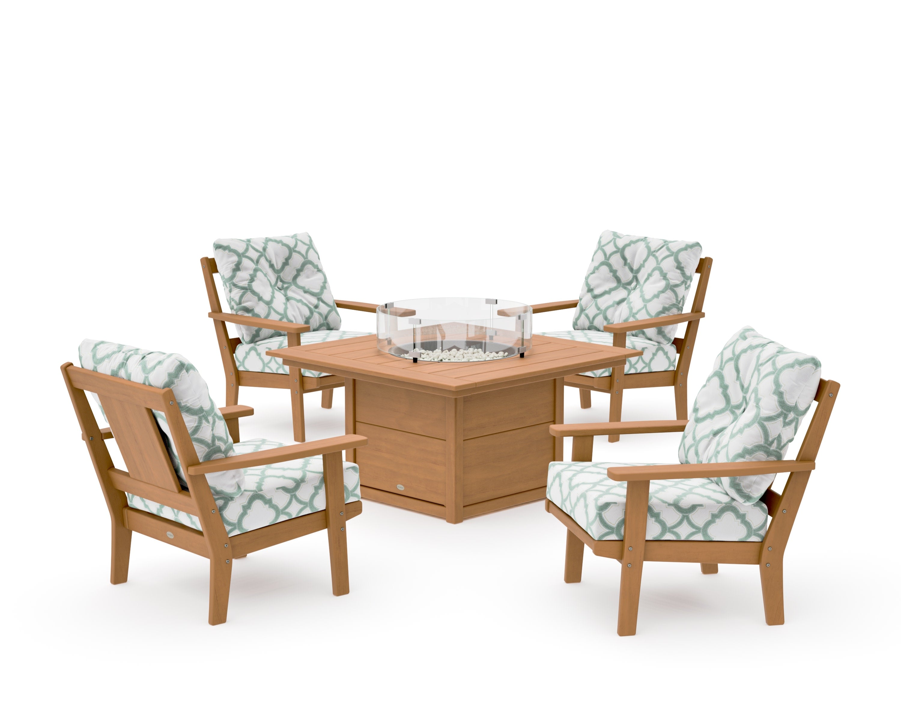 Prairie 5-Piece Deep Seating Set with Fire Pit Table in Natural / Trellis Glacier Spa