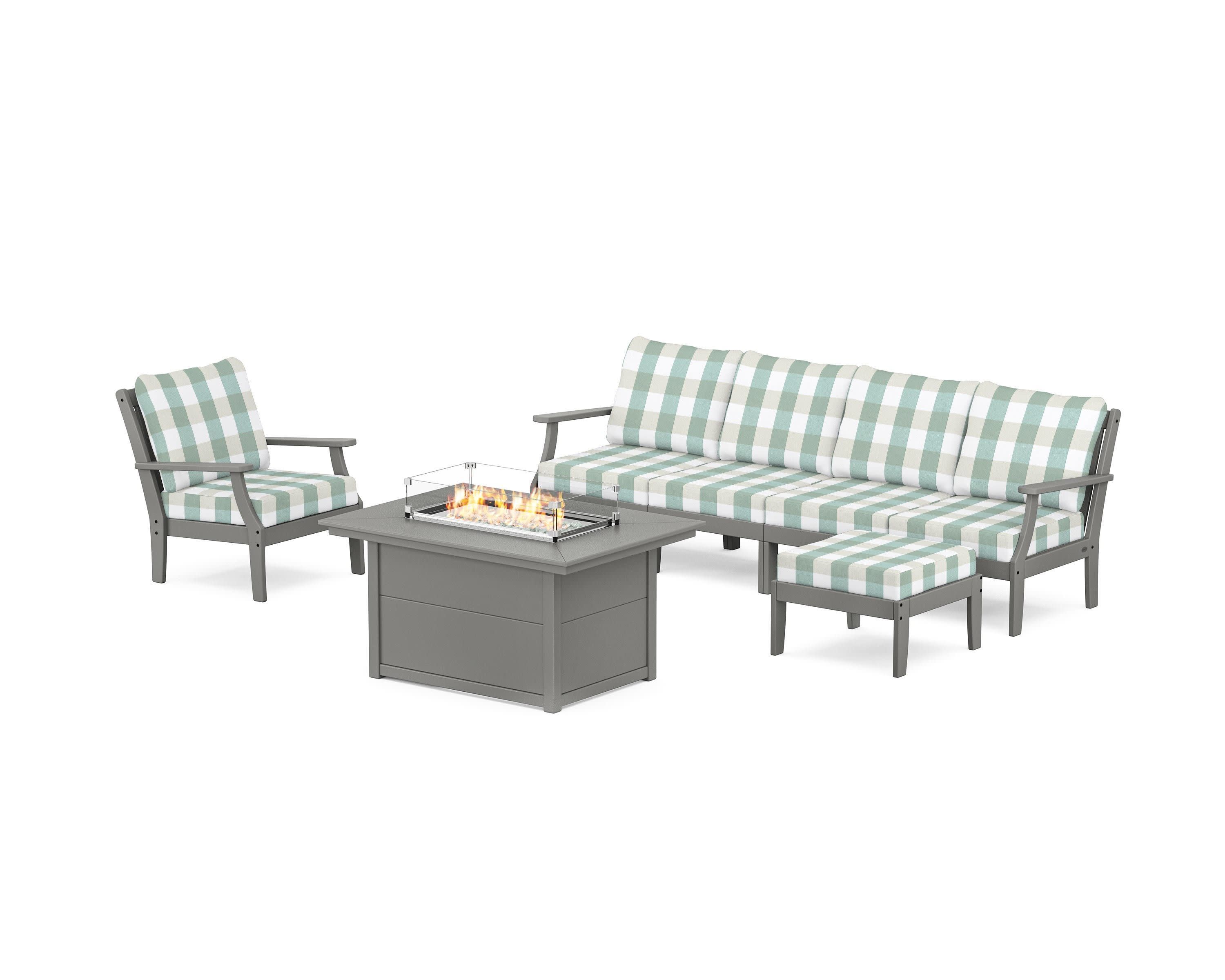 Braxton Sectional Lounge and Fire Pit Set in Slate Grey / Buffalo Plaid Glacier Spa