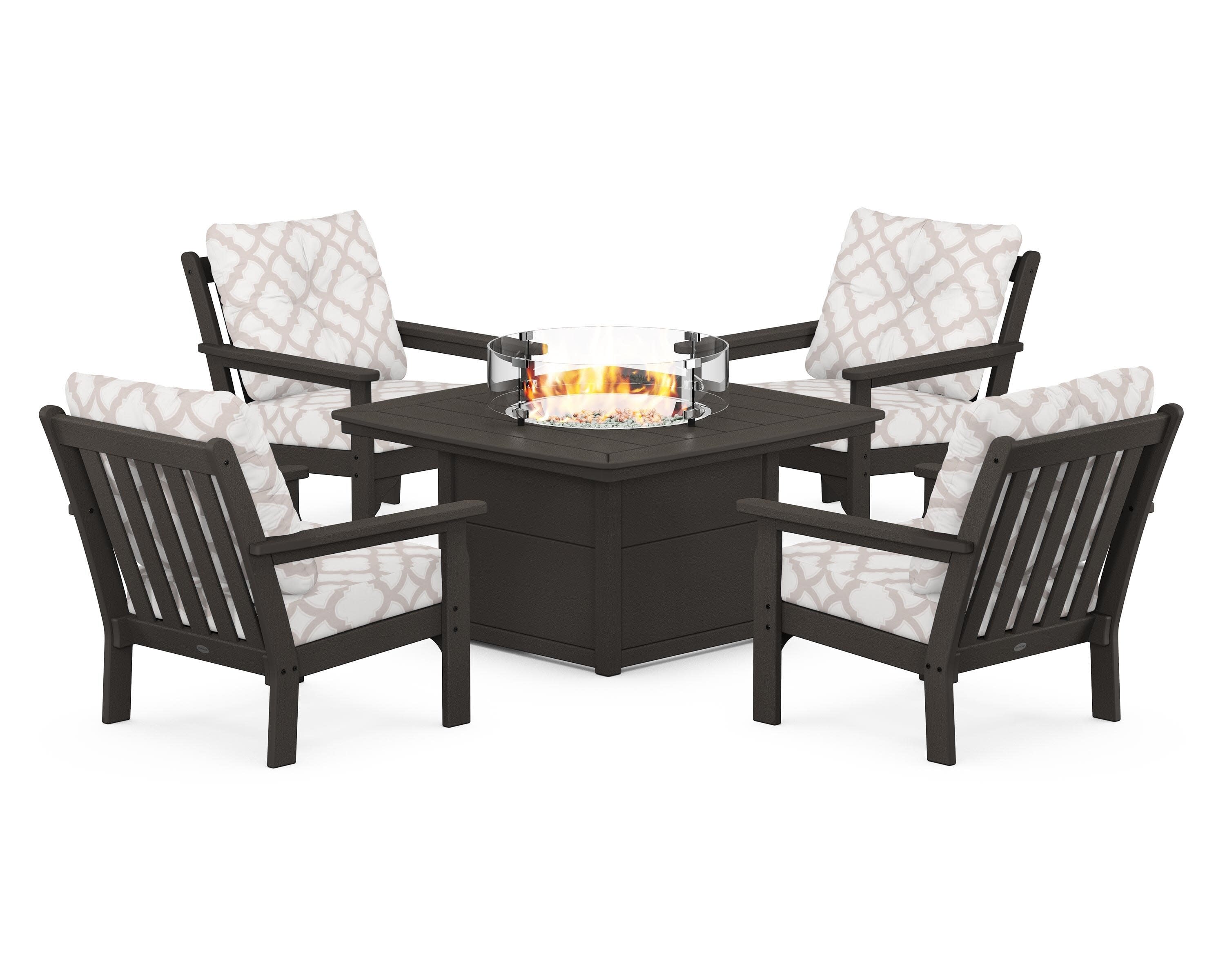 Vineyard 5-Piece Conversation Set with Fire Pit Table in Vintage Coffee / Trellis Dune Burlap