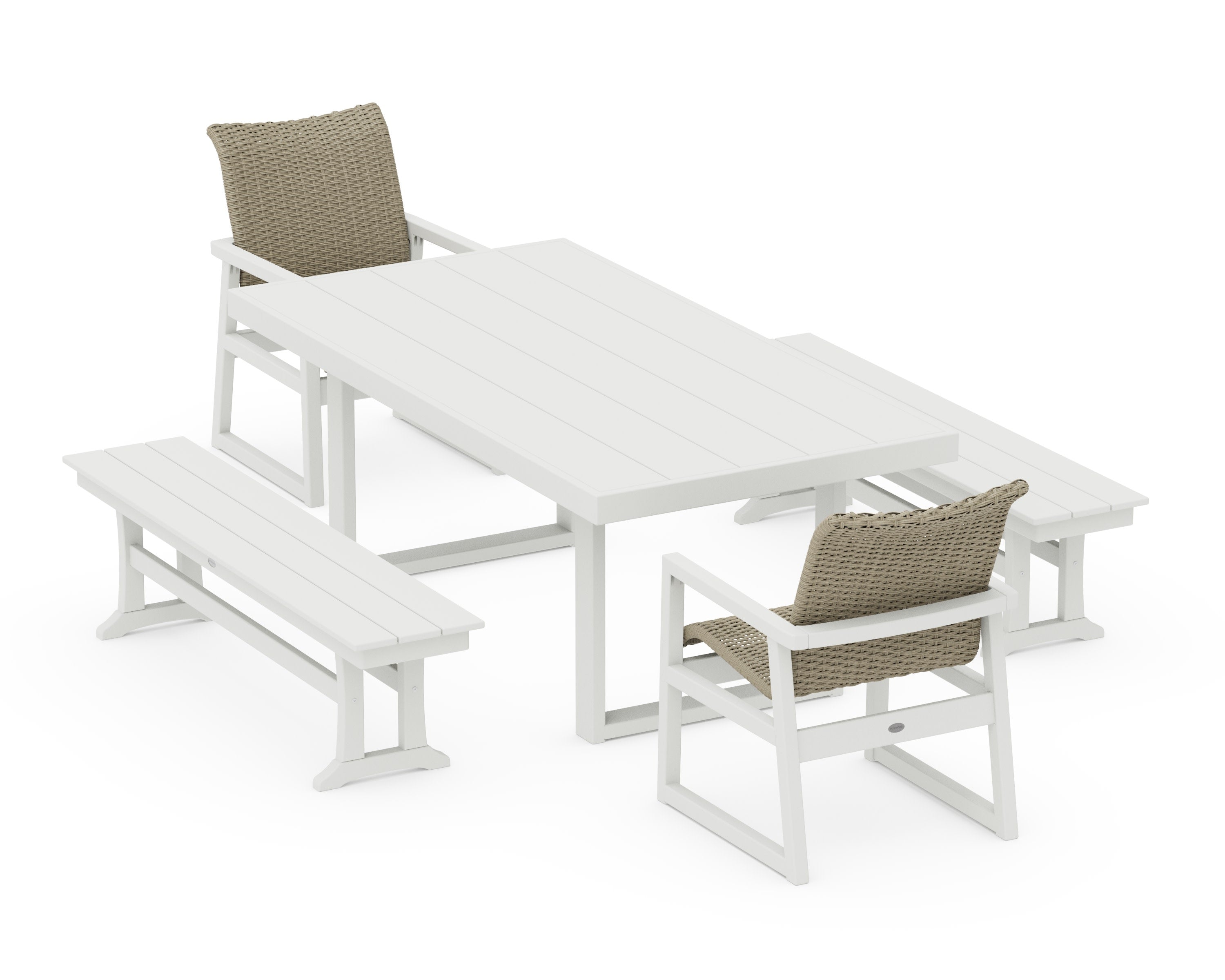 EDGE Woven 5-Piece Dining Set with Benches in White / Dune Grass