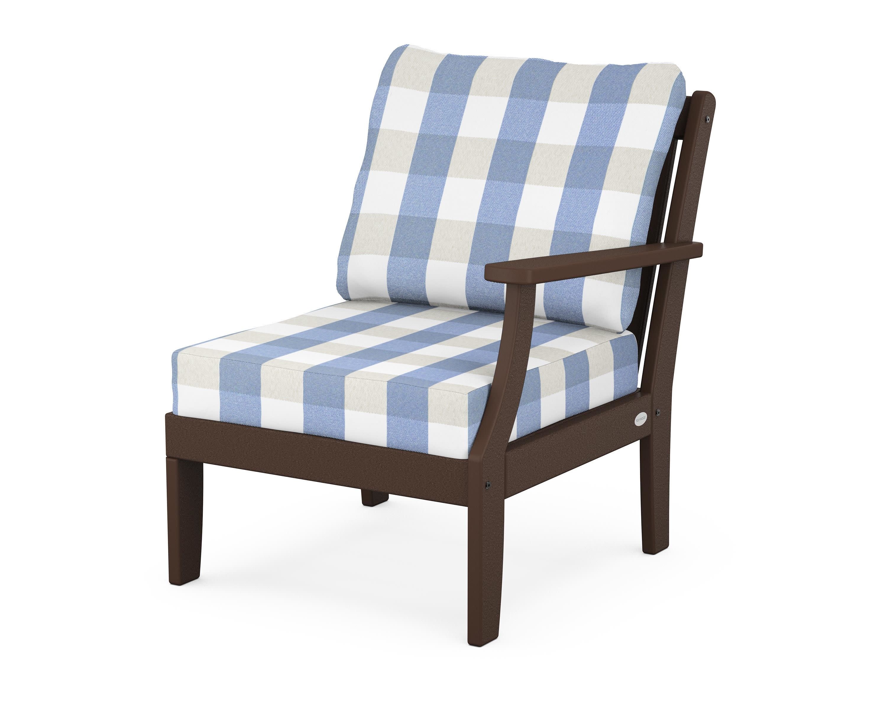 Braxton Modular Right Arm Chair in Mahogany / Buffalo Plaid Sky Blue