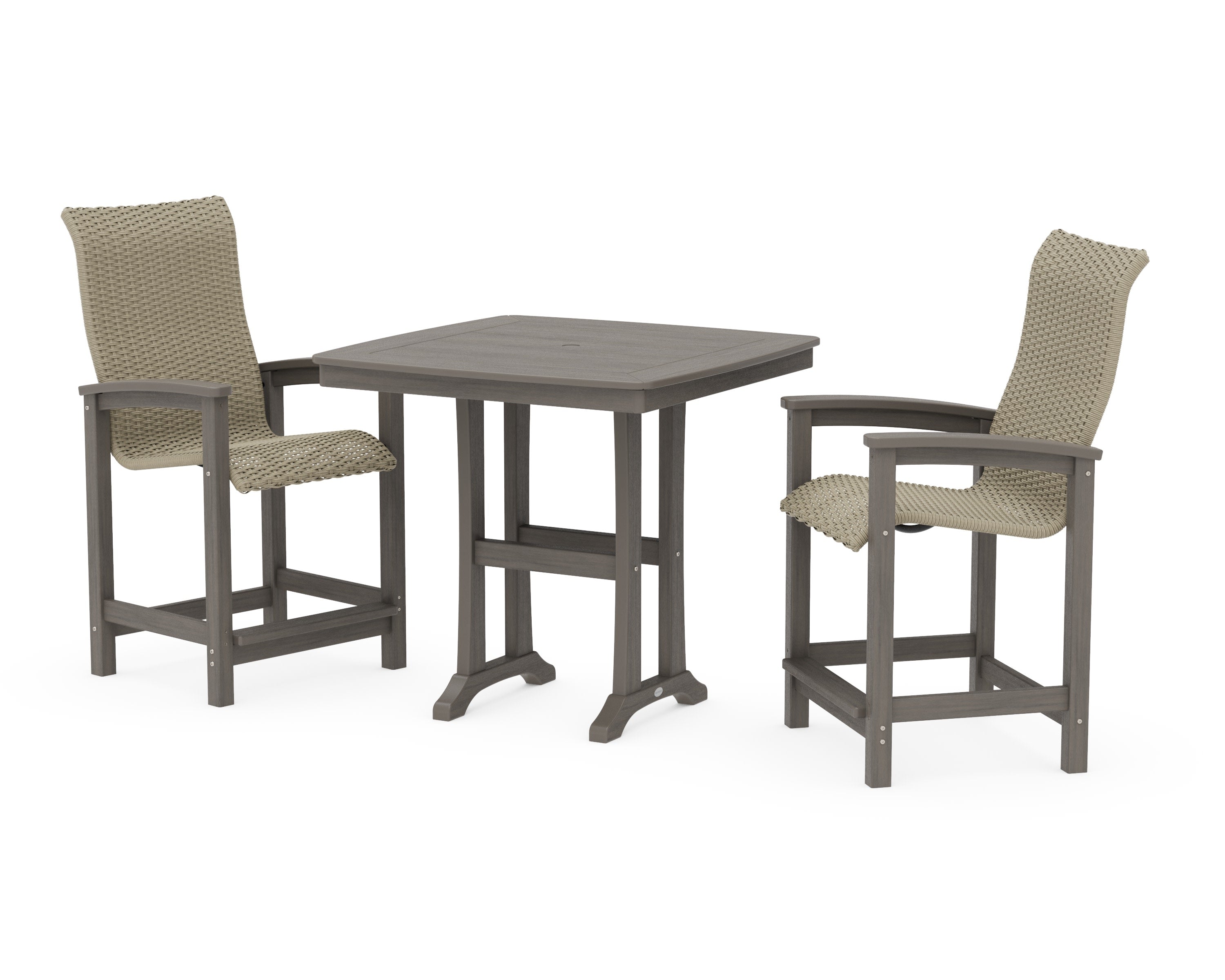 Coastal Woven High-Back 3-Piece Counter Set with Trestle Legs in Driftwood / Dune Grass
