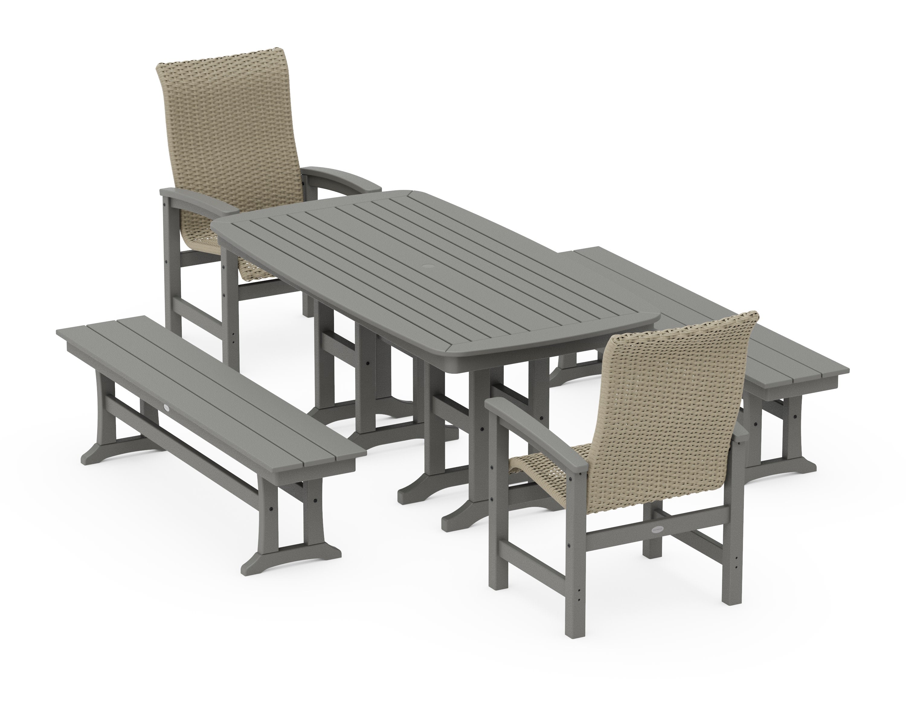 Coastal Woven High-Back 5-Piece Dining Set with Benches