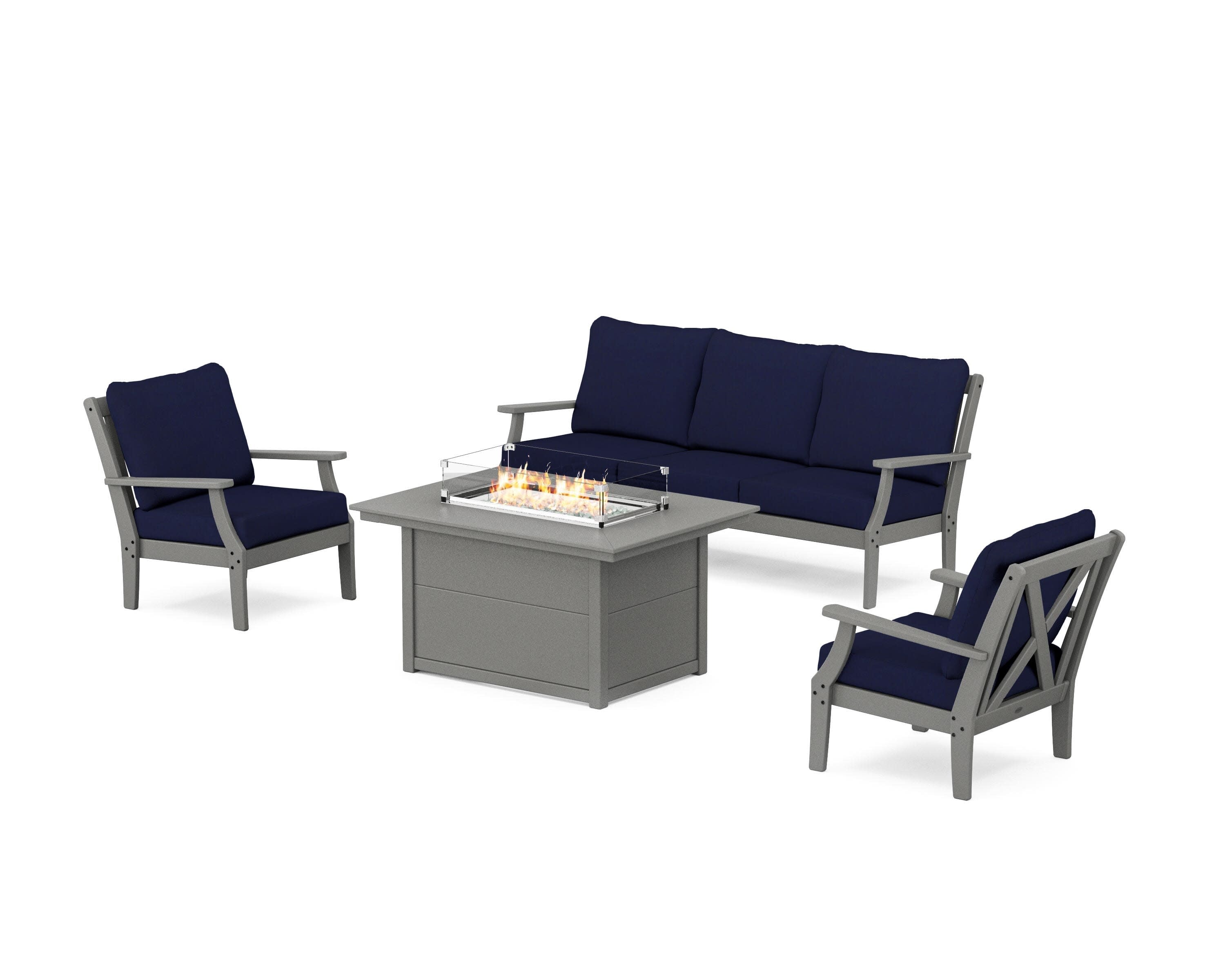 Braxton Deep Seating Fire Pit Table Set in Slate Grey / Navy
