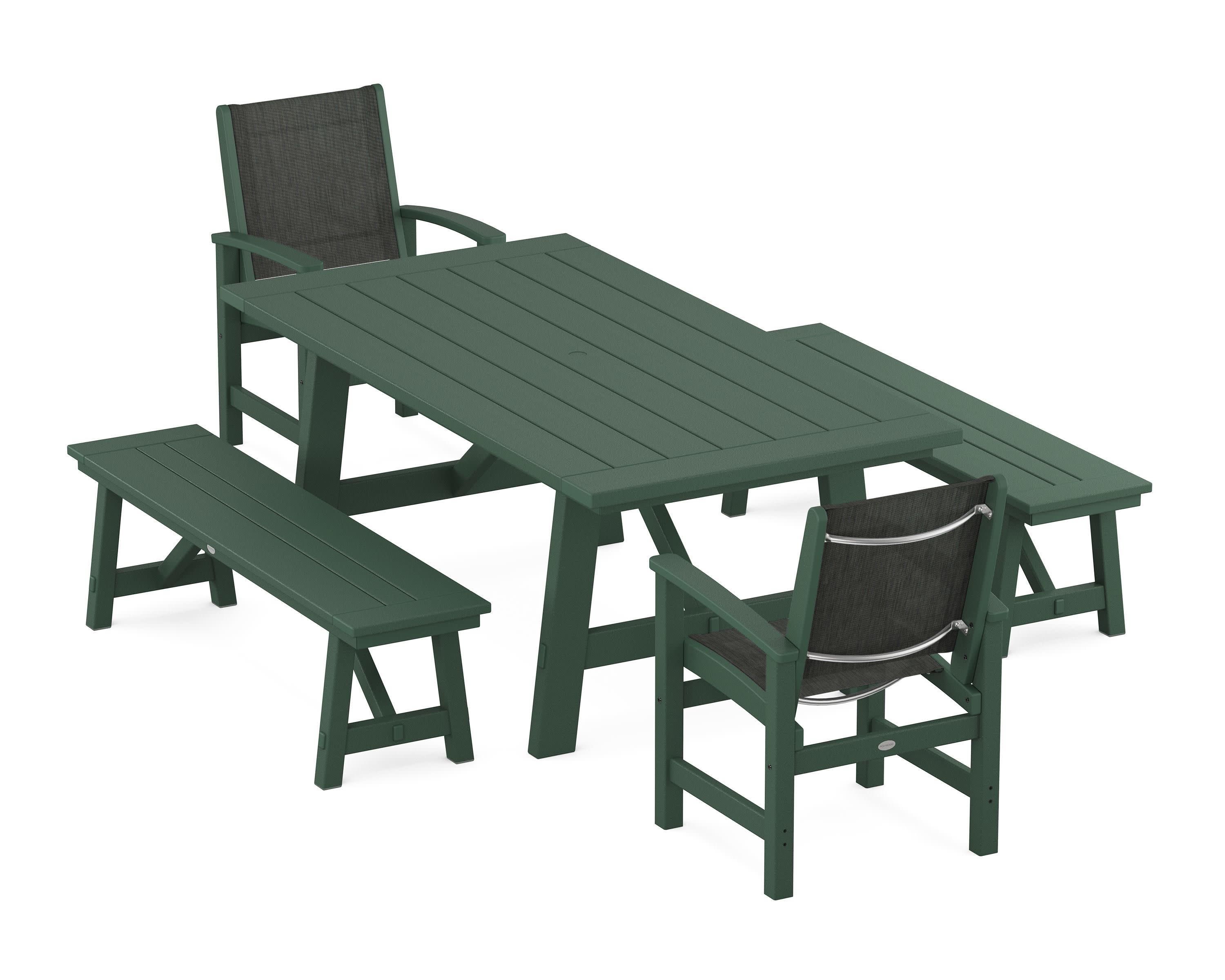 Coastal 5-Piece Rustic Farmhouse Dining Set With Benches in Green / Ember Sling