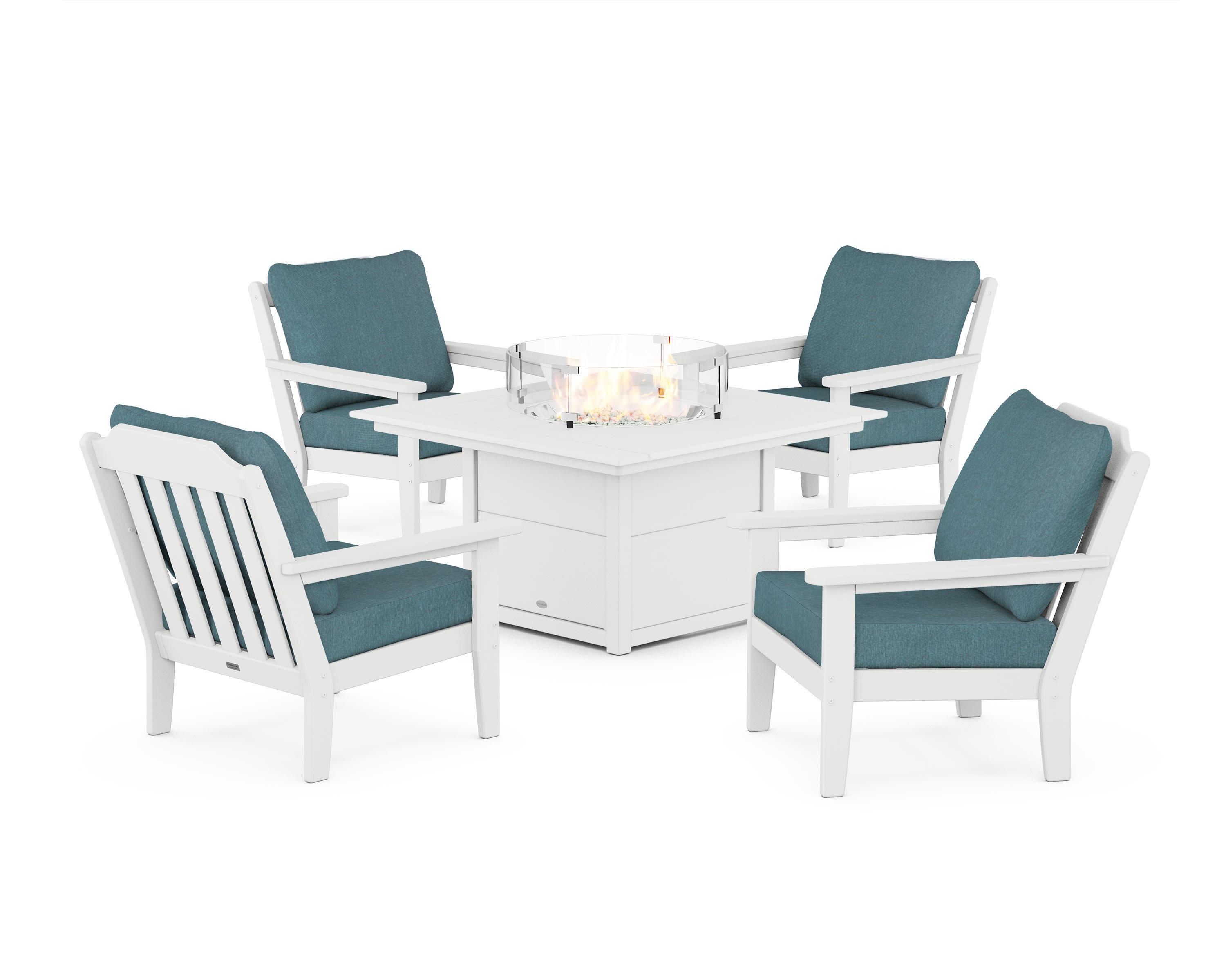 Cottage 5-Piece Deep Seating Set with Fire Pit Table in White / Ocean Teal