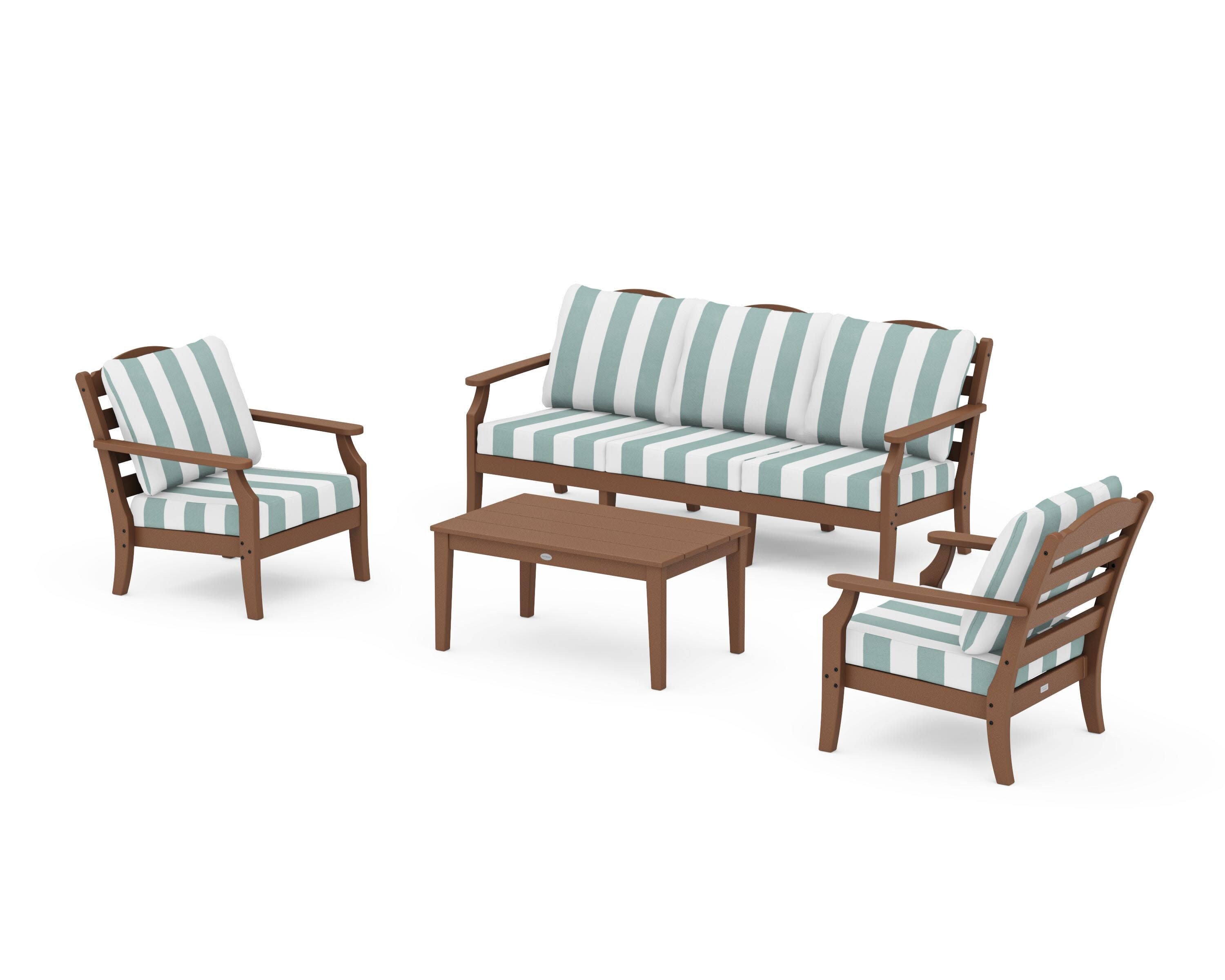 Savannah 4-Piece Deep Seating Set with Sofa in Teak / Cabana Stripe Glacier Spa