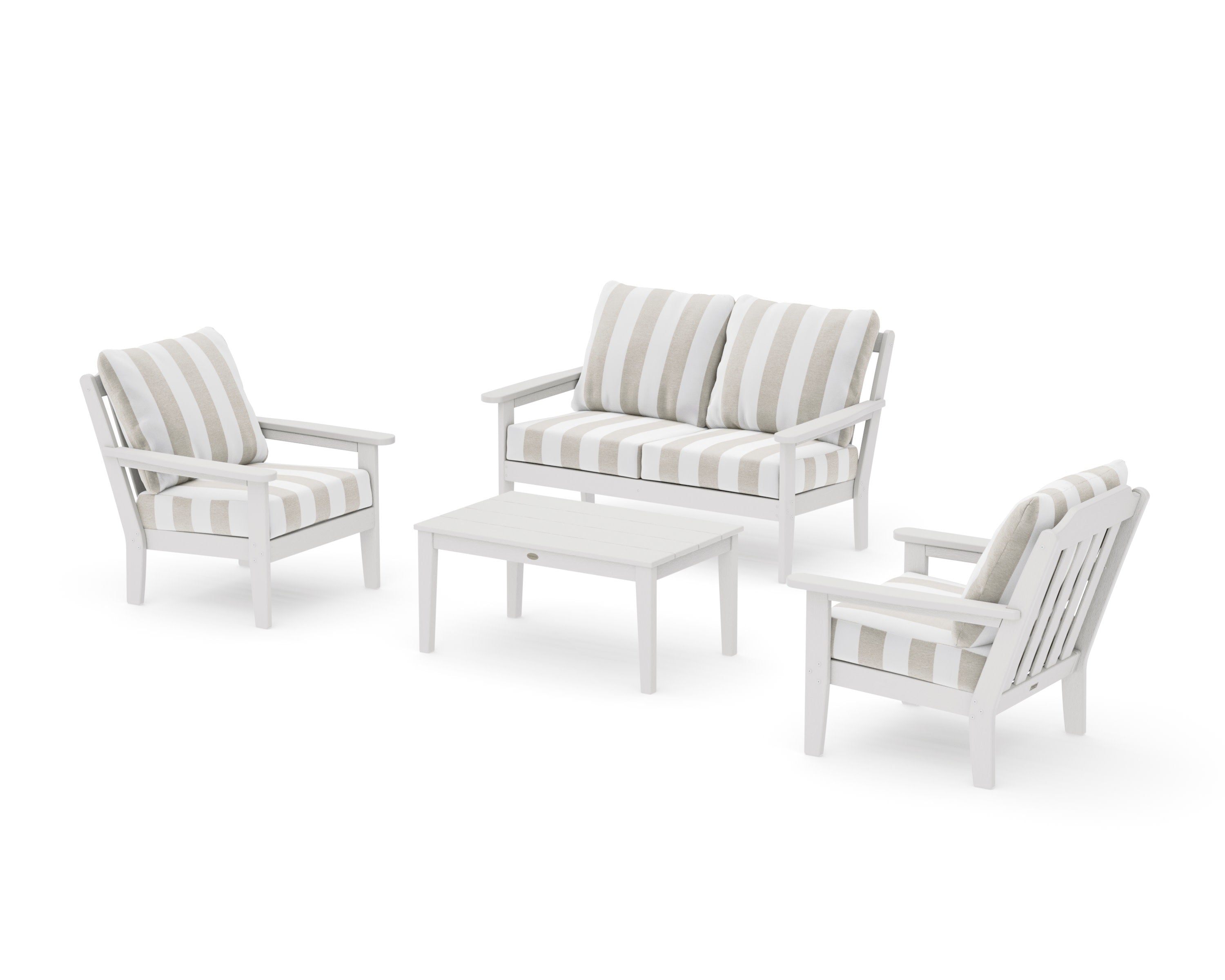 Cottage 4-Piece Deep Seating Set with Loveseat in Vintage White / Cabana Stripe Dune Burlap