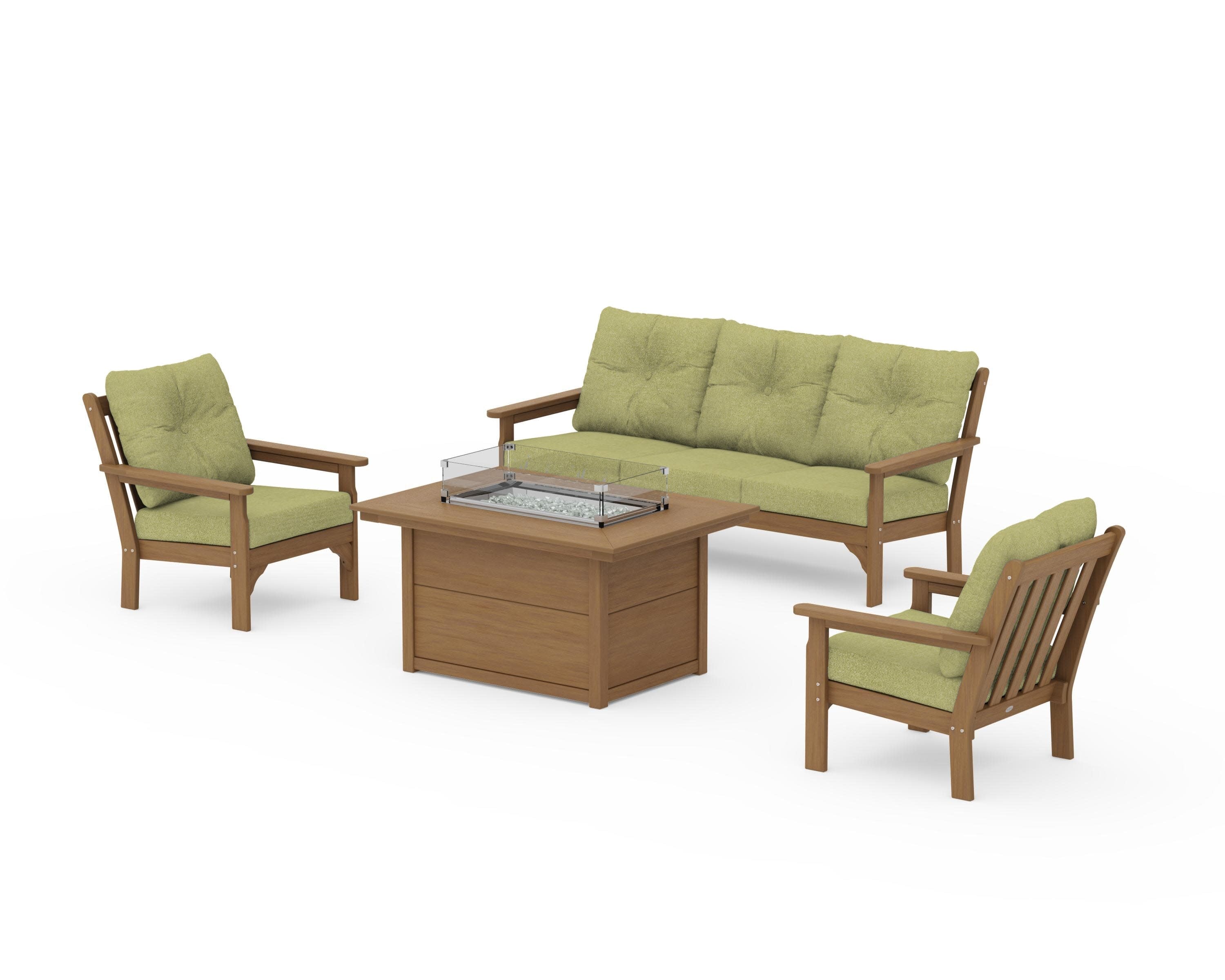 Vineyard Deep Seating Fire Pit Table Set in Natural / Chartreuse Boucle