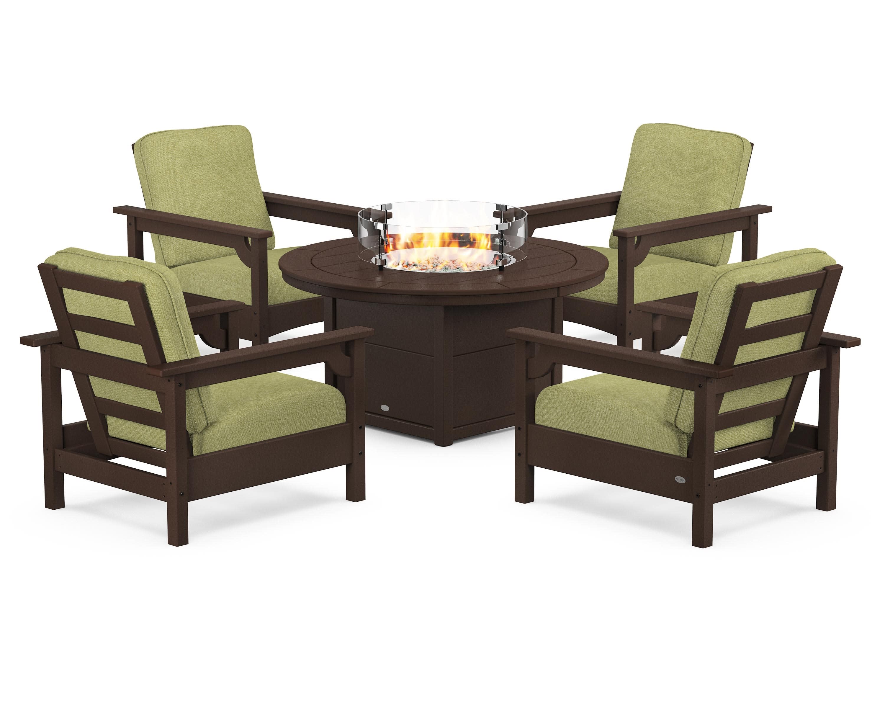 Club 5-Piece Conversation Set with Fire Pit Table in Mahogany / Chartreuse Boucle