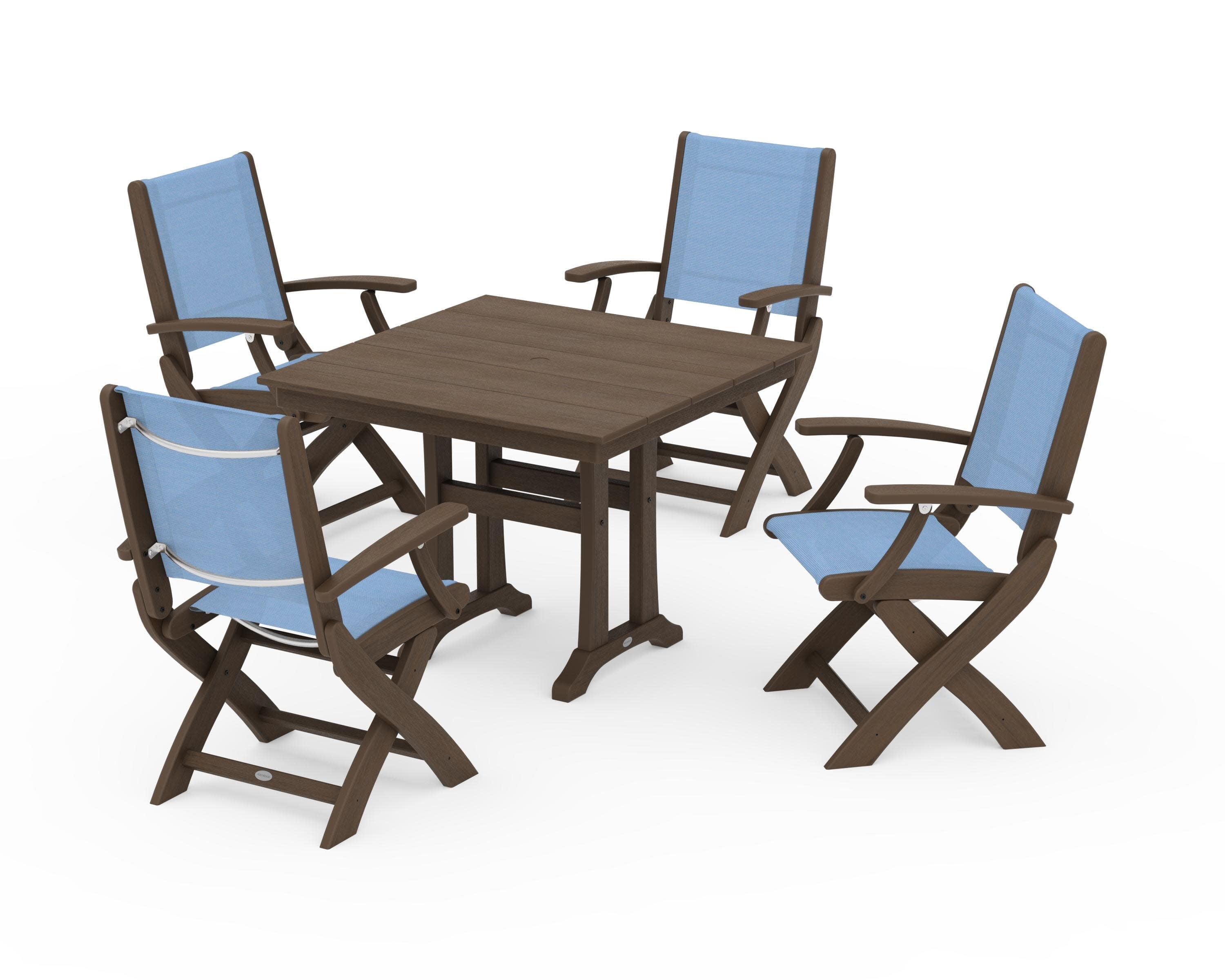 Coastal Folding Chair 5-Piece Farmhouse Dining Set With Trestle Legs in Kona / Poolside Sling