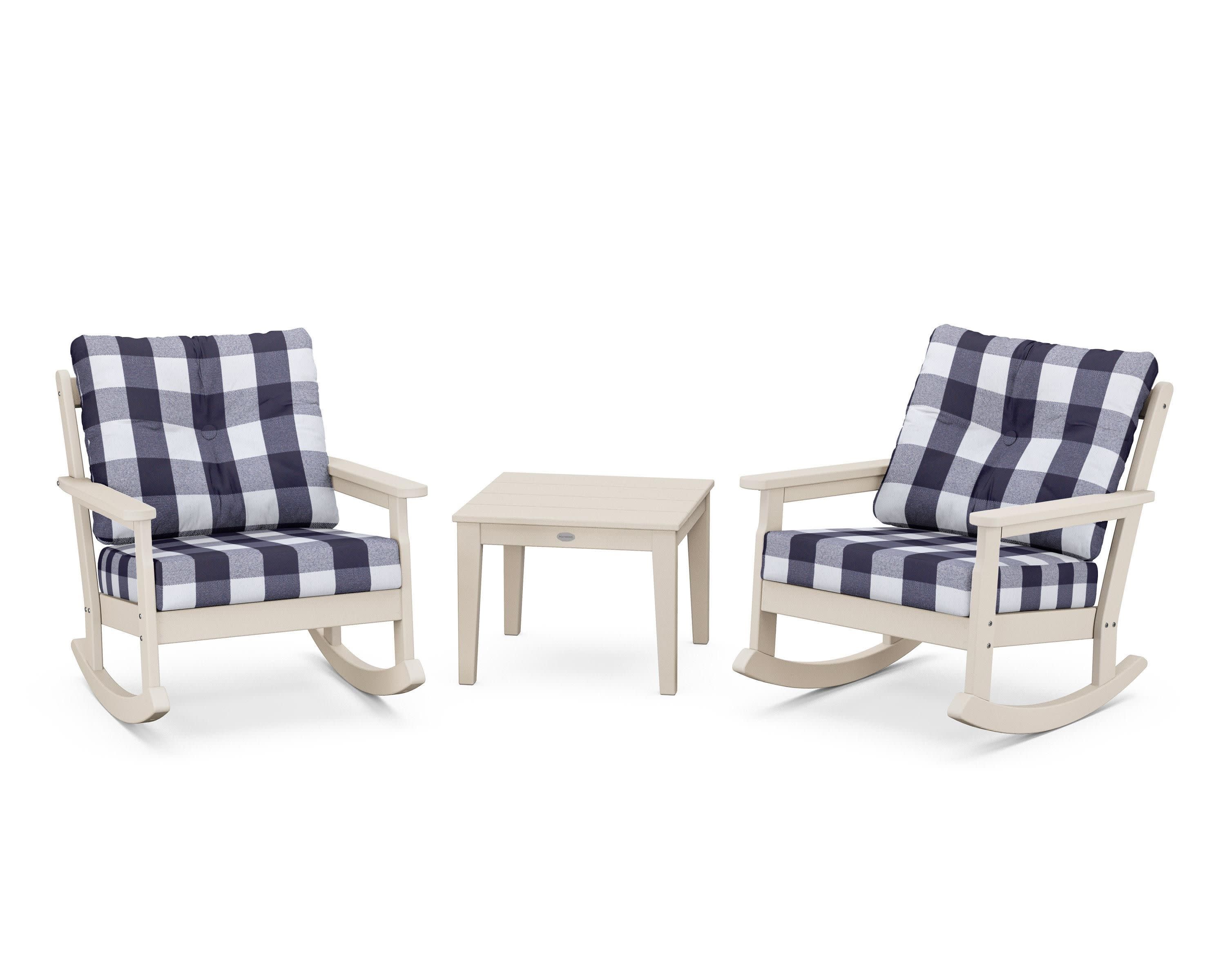 Vineyard 3-Piece Deep Seating Rocker Set in Sand / Buffalo Plaid Navy